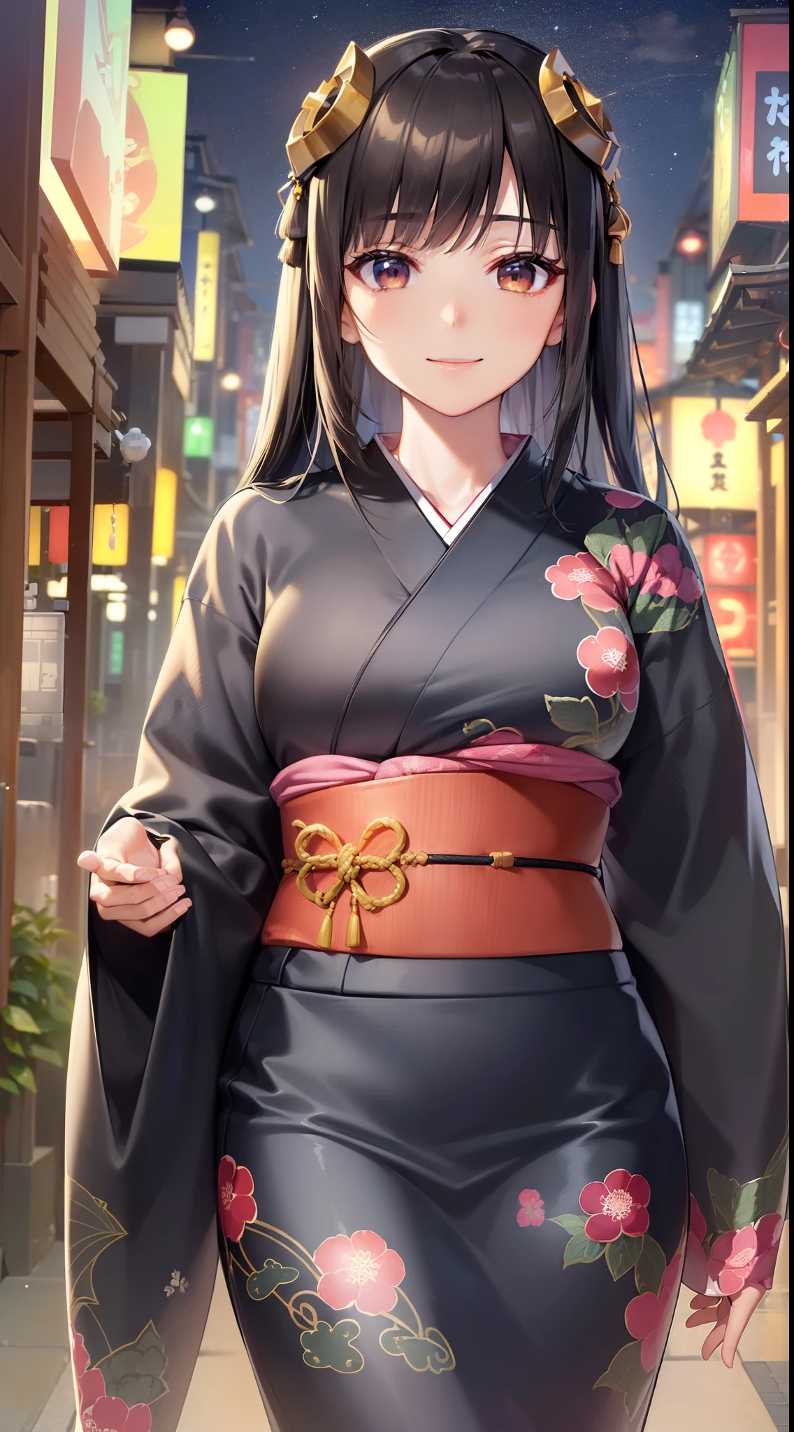 ((masuter piece:1.5)),((Finest quality)),(super precision),8k picture,Top quality anime,Highest level of resolution,sharpnes,clear,((perfect anatomia:1.5)),(Perfect depiction, Unbroken body:1.5),Detailed down to the smallest detail,Phenomenal depiction,((1 Japan Woman:1.4),((Tied black hair:1.1)),Slim and well-proportioned body,(Beautiful and neat face),((Beautiful shiny black eyes),pretty skin,(A smile staring at us)),(Yukata with detailed details:1.6,Beautiful pattern with detailed and detailed details,),nigh sky:1.6,wakame