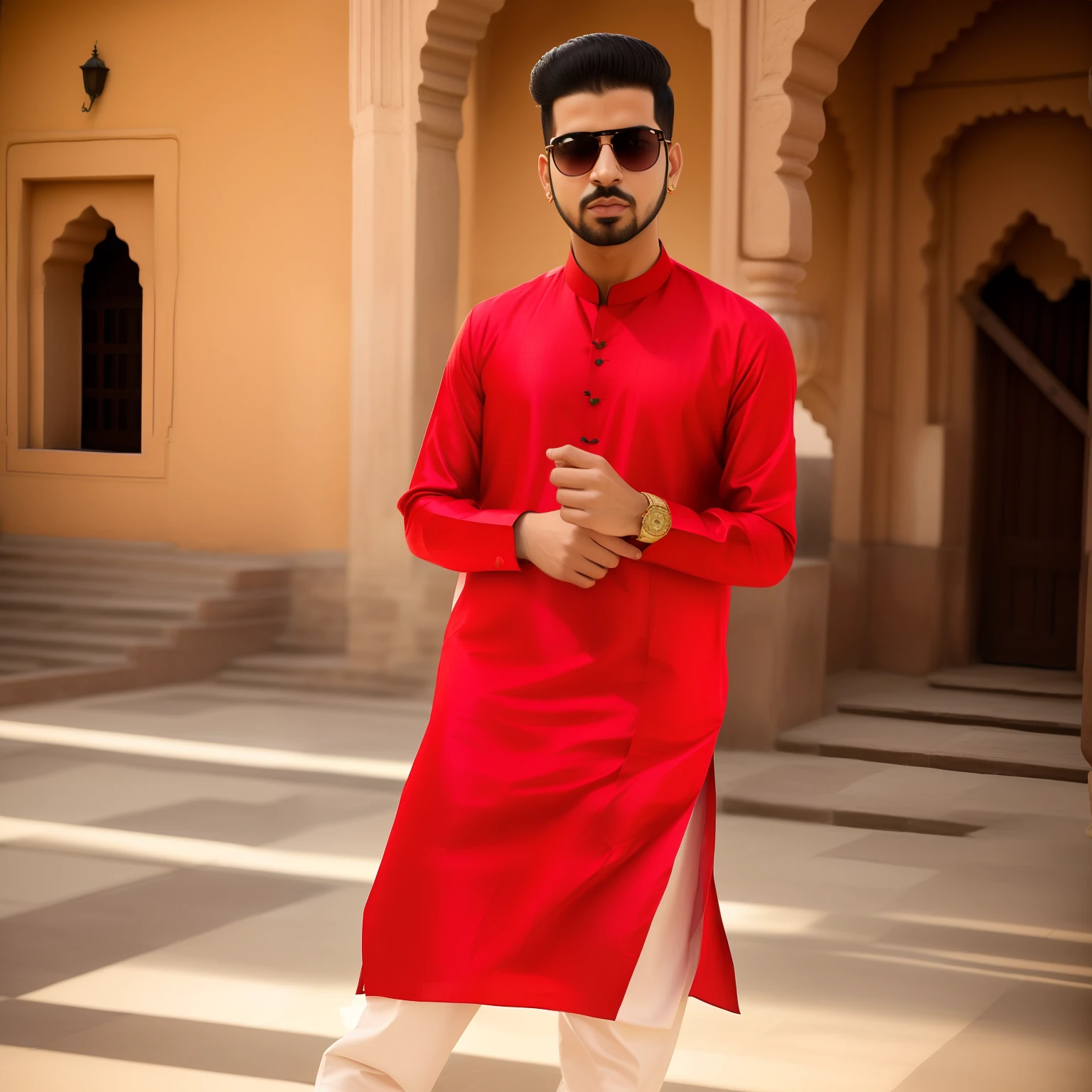 araffe man in a red kurta standing in a courtyard, wearing a kurta, wearing a silk kurta, kyza saleem, wearing red attire, wearing traditional garb, mohamed chahin style, profile pic, * colour splash *, traditional clothes, dressed in a jodhpuri suit, full body photogenic shot, drake the rapper wearing a kurta