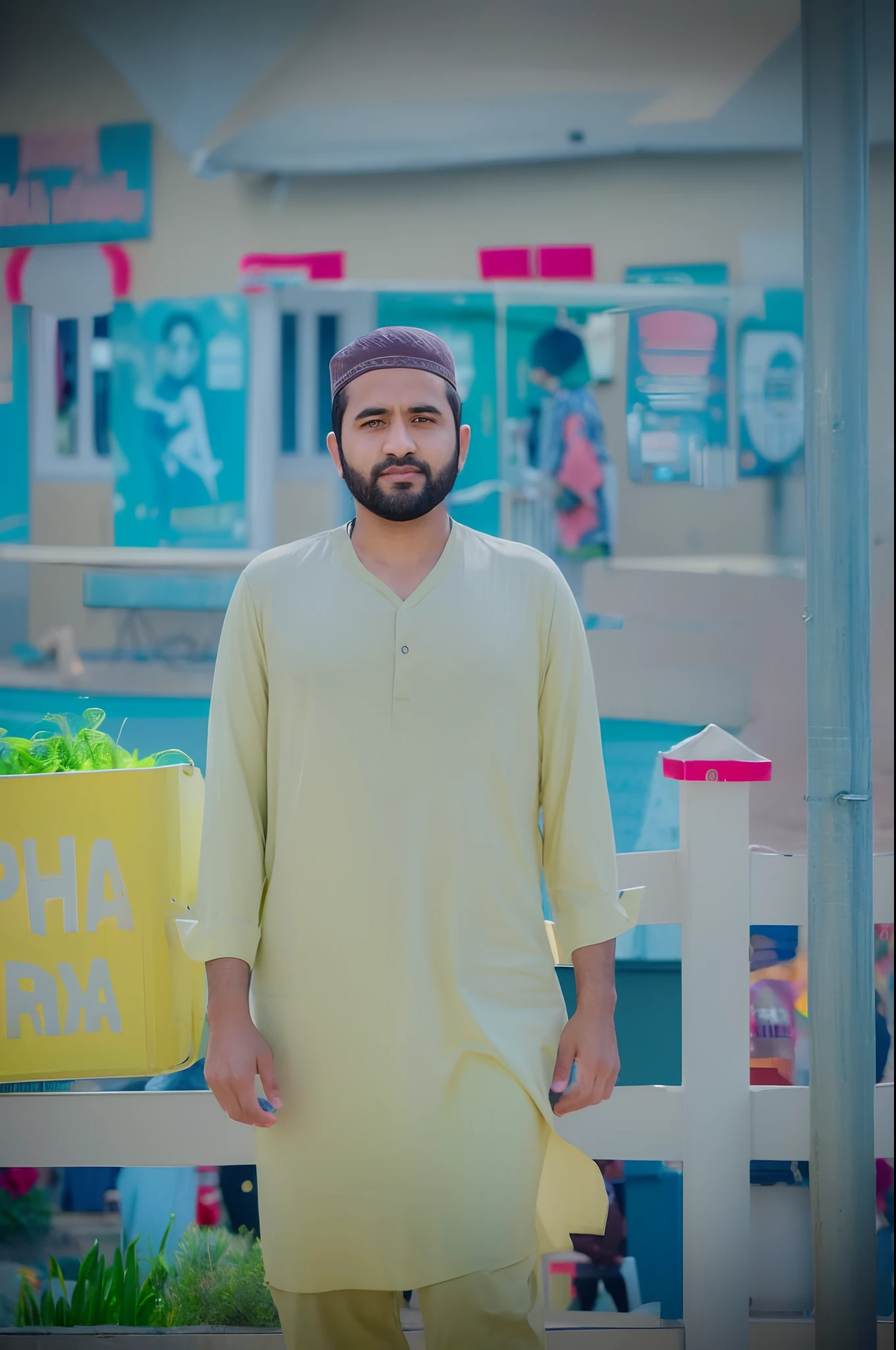 arafed man in a yellow outfit standing in front of a building, kyza saleem, riyahd cassiem, ash thorp khyzyl saleem, khyzyl saleem, profile picture 1024px, mohamed chahin, very very low quality picture, handsome man, facebook post, full body photogenic shot, edited, ismail