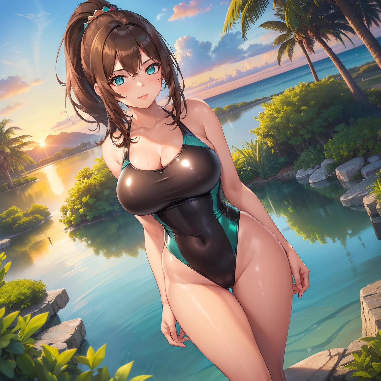 Masterpiece, Best Quality, (((Solo mature woman))), (((Brown hair))), Ponytail, Large chest, (((wide hips))), (((aqua green eyes))), full lips, seductive smile, cleavage, (standing in pond), sunset, horizon blushing, (((wearing shiny black one piece swimsuit))), [Janet], [Alice], ((very shiny skin)), "beautiful mature face" , age30 , milf , adult