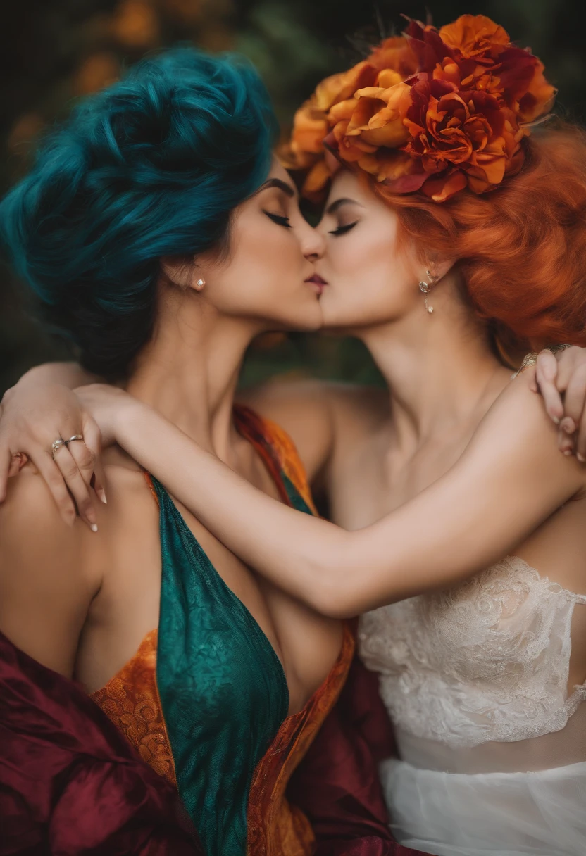 2 lesbian girls embracing and passionately kissing and touching breasts
