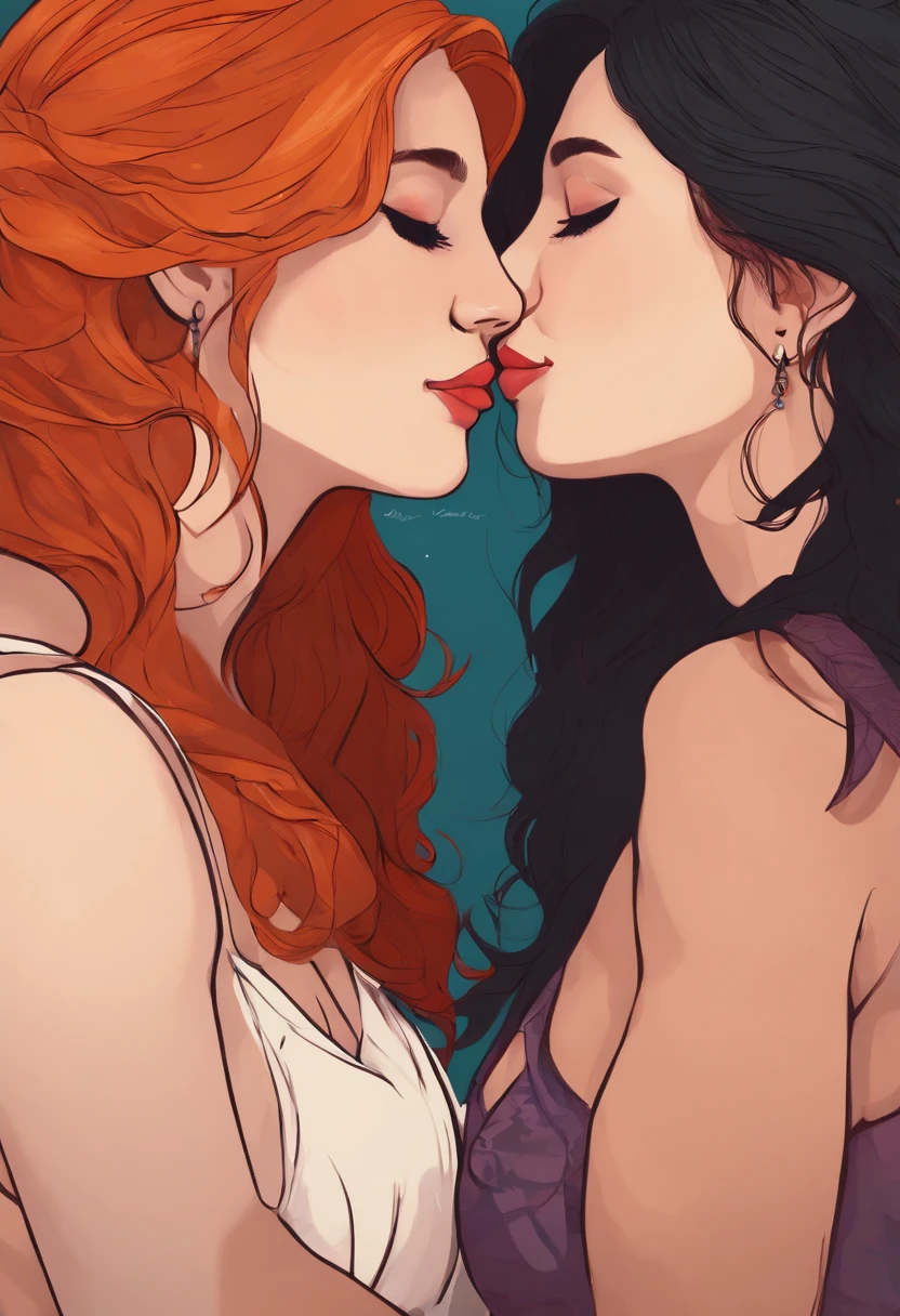 2 lesbian girls embracing and passionately kissing and touching breasts