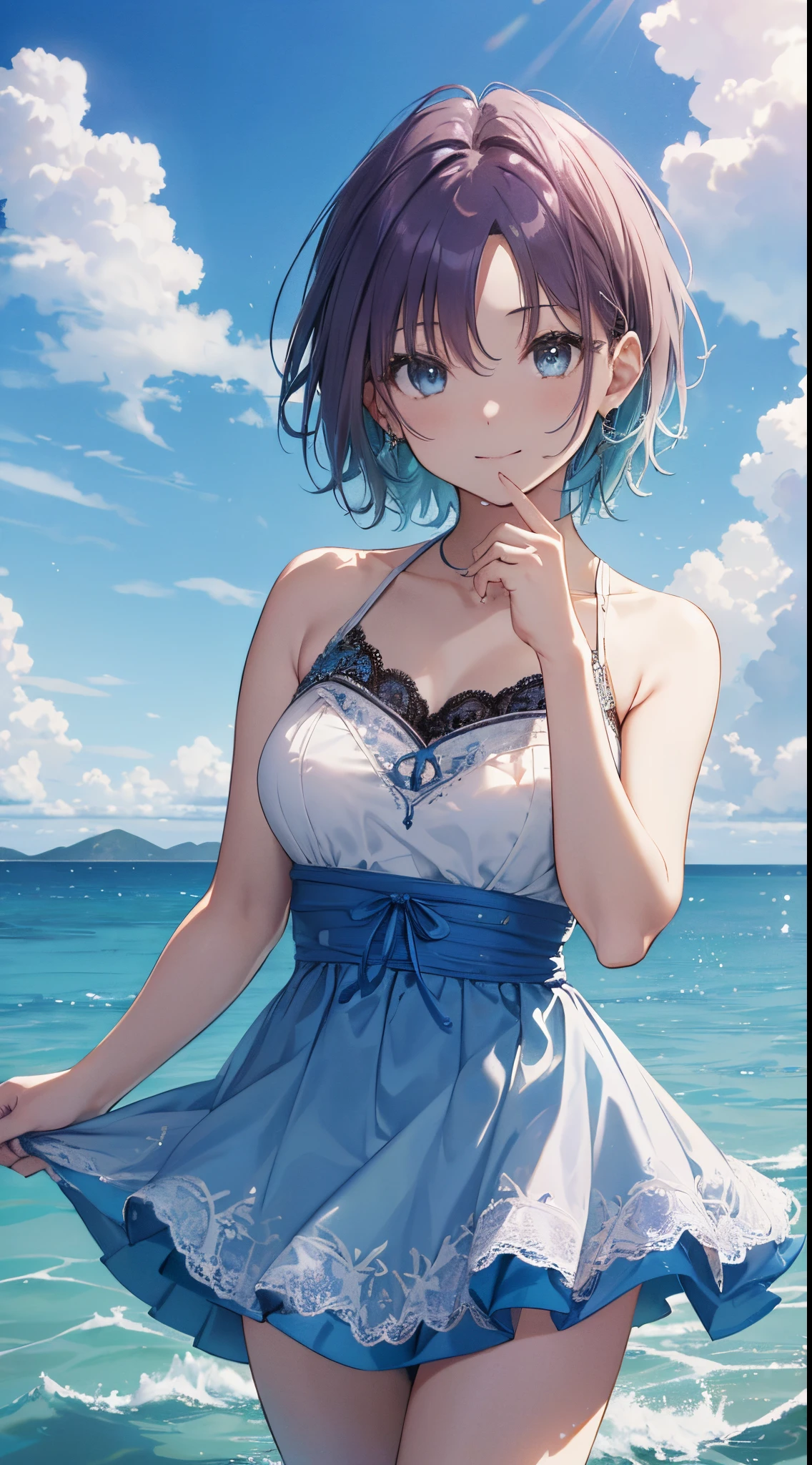 (((very wide shot))), , (from above), (dutch angle), (Perfect Anatomy:1.2),((Perfect hands:1.2)),Uyuni Salt Flat、Reflects the blue sky and summer clouds spreading in all directions. (((Toru Asakura:1.37, Solo))),Walk in the middle of it, Surrounded by the blue of the sky and the white of the clouds, Create stunningly beautiful scenes.The rainbow is vivid, (((blue hairs、耳环、gradation hair、multi color hair、Parted bangs、Purple hair、short cut hair、Summer dress in pure white with a lot of lace embroidery))), High resolution, Ultra-detailed, ultra-sharp, Cinematic lighting、HDR、UHD、8K、Glowing eyes, blue-sky、sparkling pupils,happy, reaching out ,forward hands,floating hair, shiny hair,outdoors, wind,sparkling pupils, sexy body,top-quality、A big smile、sleeveless dresses、bare-legged