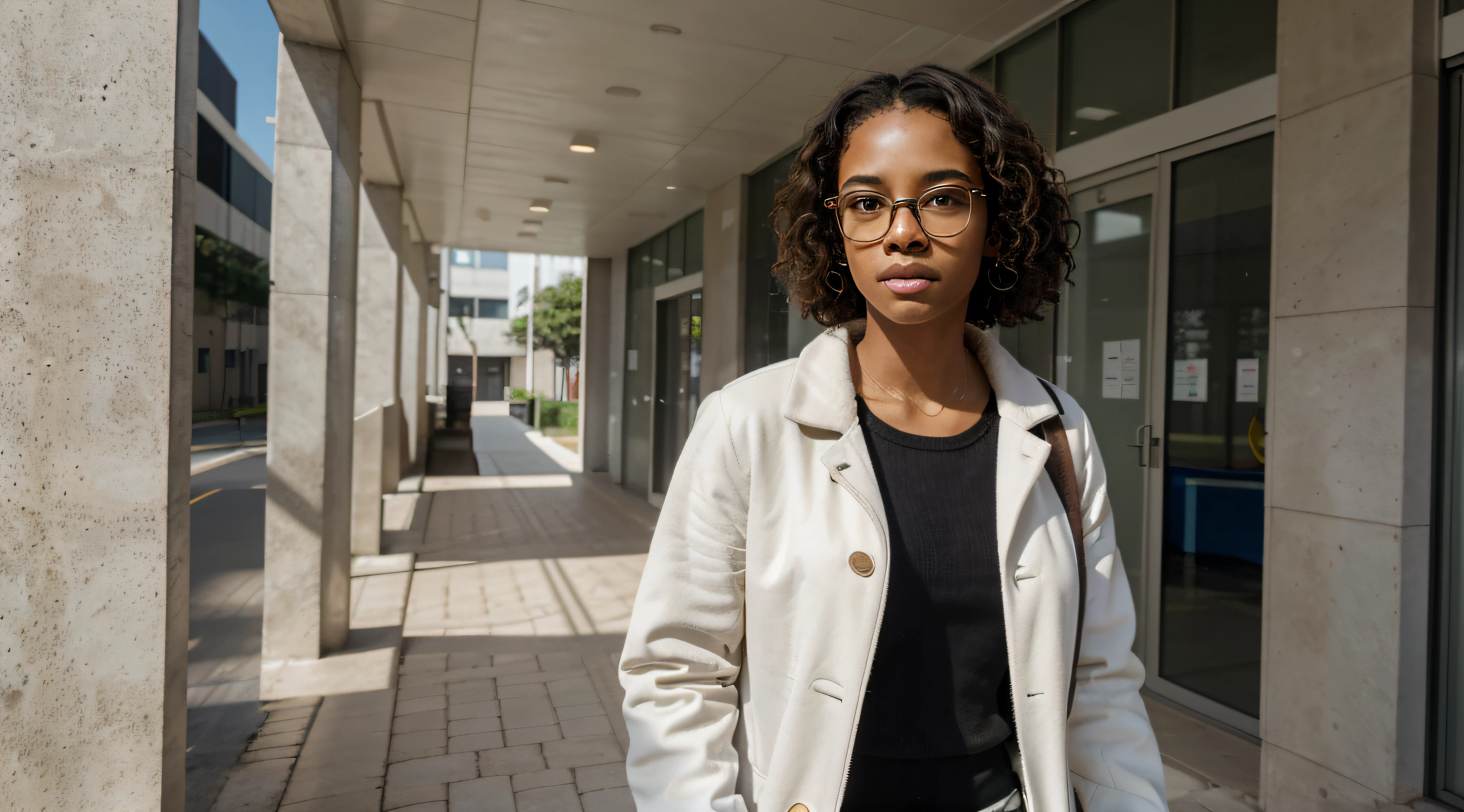 Generate a realistic image of a Brazilian university student, of African descent, Wearing white coat and glasses, walking on university campus during the day. Destaque a textura do short dela, curly hair, ensuring visible and natural details. Sunlight should create soft shadows on the floor and accentuate the details of the white coat... Certifique-se de que o aluno'Facial expression is neutral and focused, Conveying determination. Incluir elementos realistas no ambiente, like trees, Academic buildings, e Caminhos no campus. Apply natural lighting that highlights the contours of the face and coat, providing a sense of realism and depth to the scene.