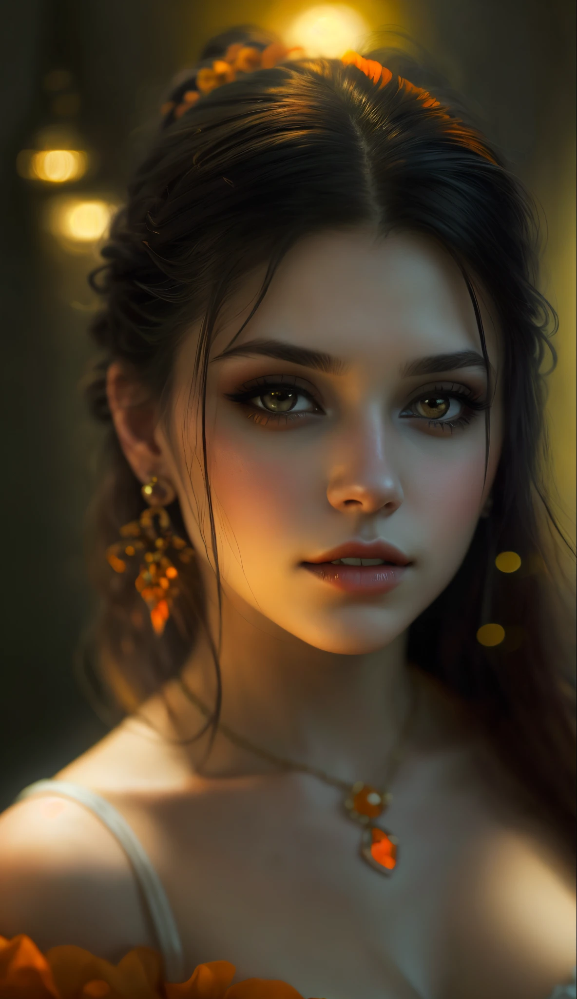 Young woman, fine features, very beautiful, vampire, warm gaze, expression of love, looking sideways, gothic dress, orange eyes, remove three dots top right, (best quality,16k,highres,masterpiece:1.2),ultra-detailed,(realistic,photorealistic,photo-realistic:1.37), HDR, UHD, studio lighting, extreme detail description, professional, vivid colors, bokeh, portraits, orange color palette, atmospheric lighting