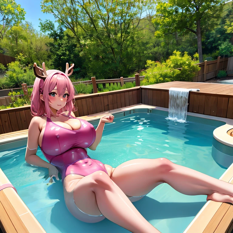 Anime girl wearing pink swimsuit sitting in hot tub, seductive anime girls, oppai, thicc, Curvy little , [ 4K digital art ]!!, on deer, Large breasts!!, beautiful attractive anime woman, The chest is large, pixiv 3dcg, Oppein Proportions, ECCHI anime style, eechi