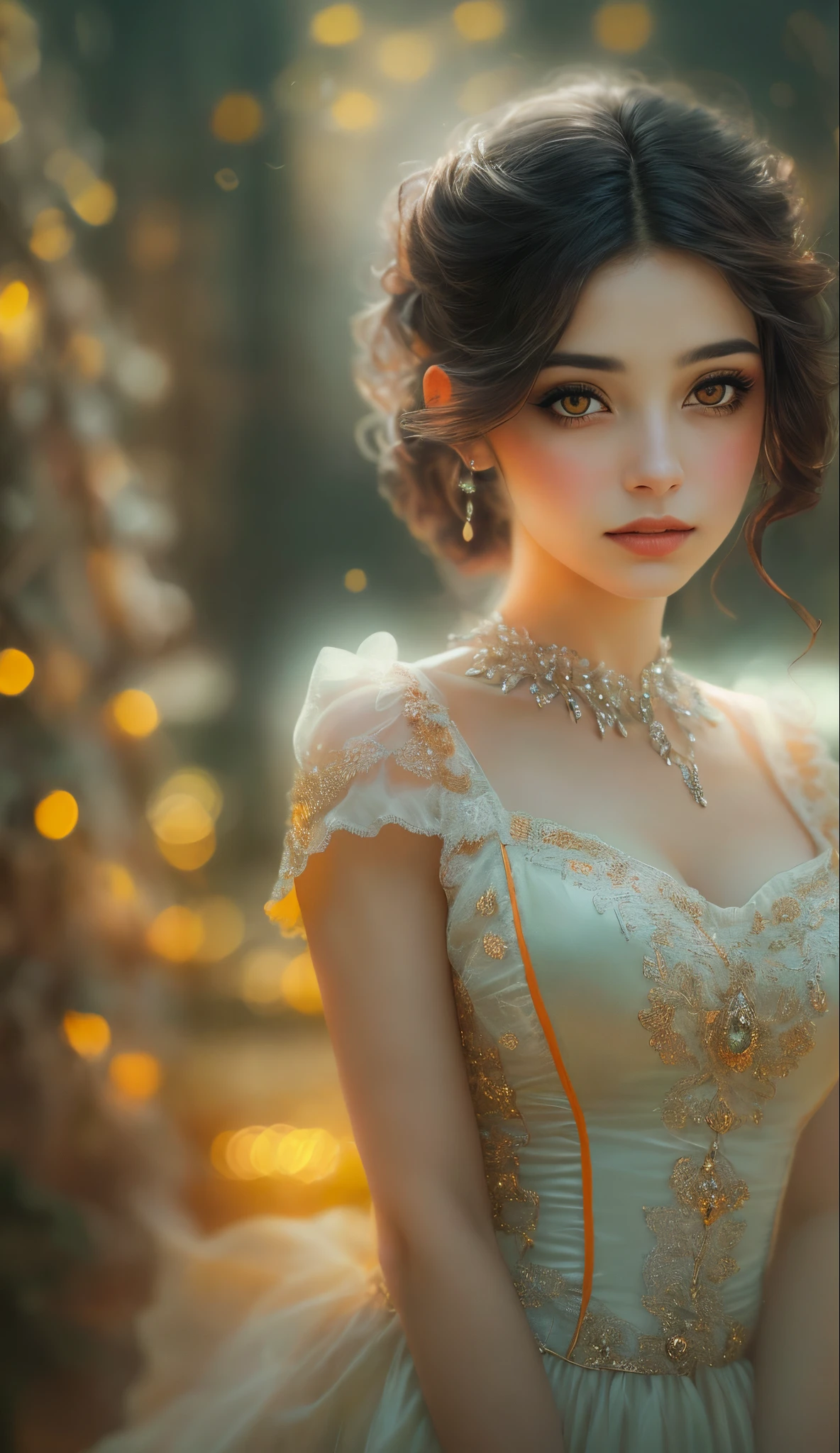 Young woman, fine features, very beautiful, vampire, warm gaze, expression of love, looking sideways, gothic dress, orange eyes, remove three dots top right, (best quality,16k,highres,masterpiece:1.2),ultra-detailed,(realistic,photorealistic,photo-realistic:1.37), HDR, UHD, studio lighting, extreme detail description, professional, vivid colors, bokeh, portraits, orange color palette, atmospheric lighting