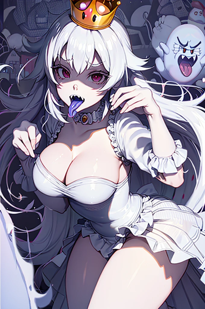 masterpiece,best quality,1girl,crown,choker,claw pose,sharp teeth,tongue,tongue out,boo (mario),ghost,ghost pose