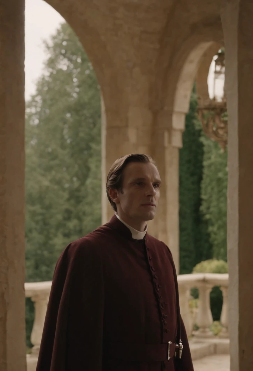An image of Waterford standing on a balcony overlooking a vast garden filled with flowers and greenery.,The Handmaid's Tale,Fred Waterford, a character from “The Handmaid’s Tale,” presents a commanding figure with a stern, composed demeanor, often seen in the authoritative, formal attire befitting his high-ranking position in the dystopian regime of Gilead. His neat appearance, with a clean-shaven face and well-groomed hair, masks the cruelty and manipulation he is capable of as one of the architects of the oppressive society.