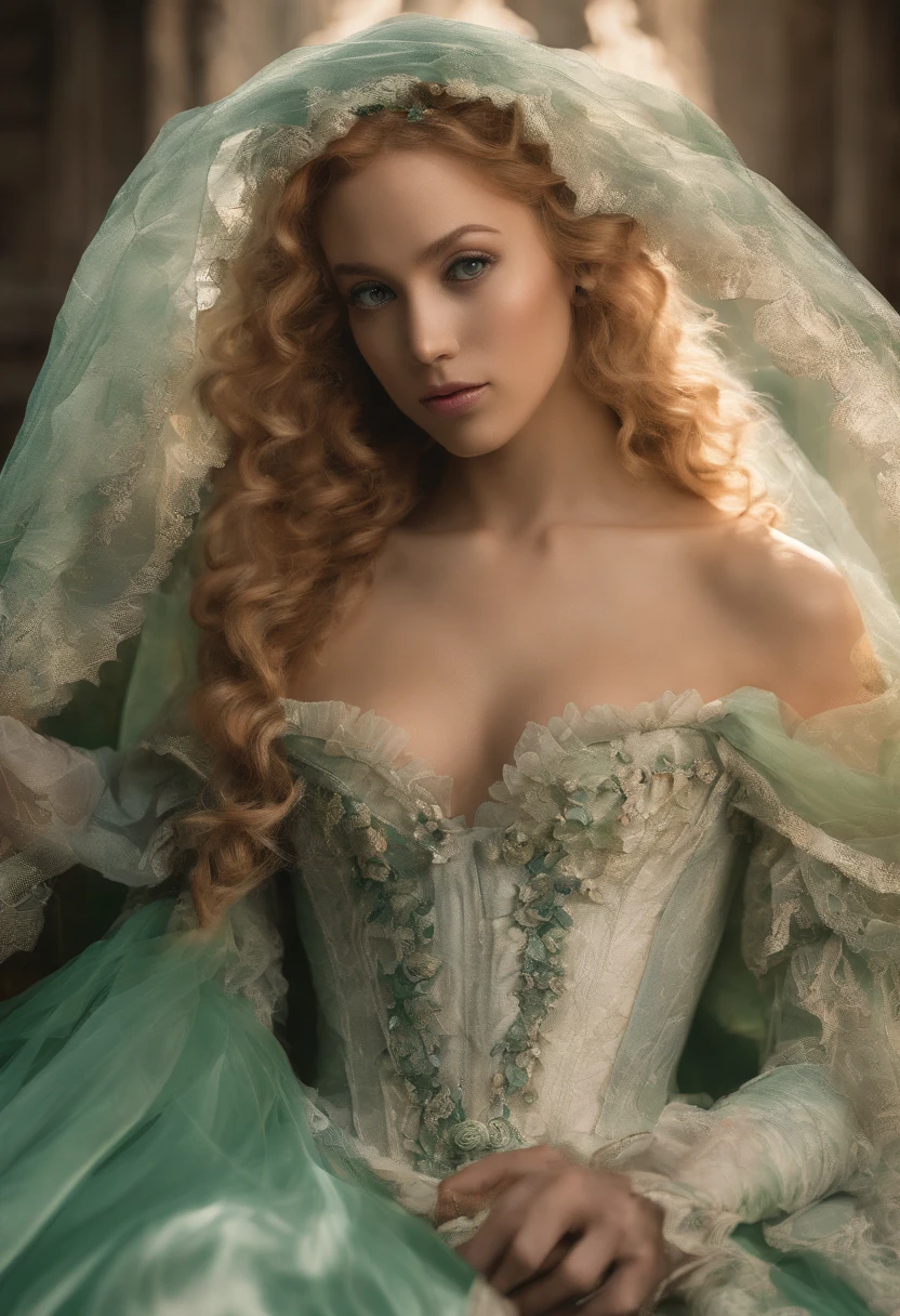 Two women, 18th century looks like Beyonce in a green ball gown with blond hair, blond hair kissing beautiful woman looks like Jessica alba red hair in white gown, 18th - century bedroom, canopy bed, dark mystical fantasy, rococo era, perfect fingers, nice hands, perfect hands, stunning realistic photograph, intricately detailed, cinematic, trending on artstation, hyperrealistic, awesome full color, dark, 12k, high definition, cinematic, Behance contest winner, portrait featured on Unsplash, stylized digital art, smooth, ultra high definition, 8k, unreal