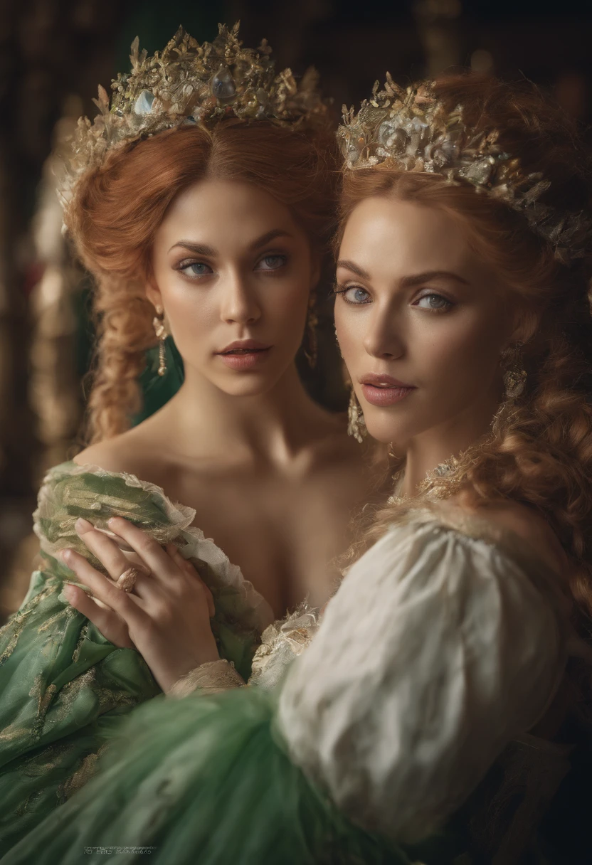 Two women, 18th century looks like Beyonce in a green ball gown with blond hair, blond hair kissing beautiful woman looks like Jessica alba red hair in white gown, 18th - century bedroom, canopy bed, dark mystical fantasy, rococo era, perfect fingers, nice hands, perfect hands, stunning realistic photograph, intricately detailed, cinematic, trending on artstation, hyperrealistic, awesome full color, dark, 12k, high definition, cinematic, Behance contest winner, portrait featured on Unsplash, stylized digital art, smooth, ultra high definition, 8k, unreal