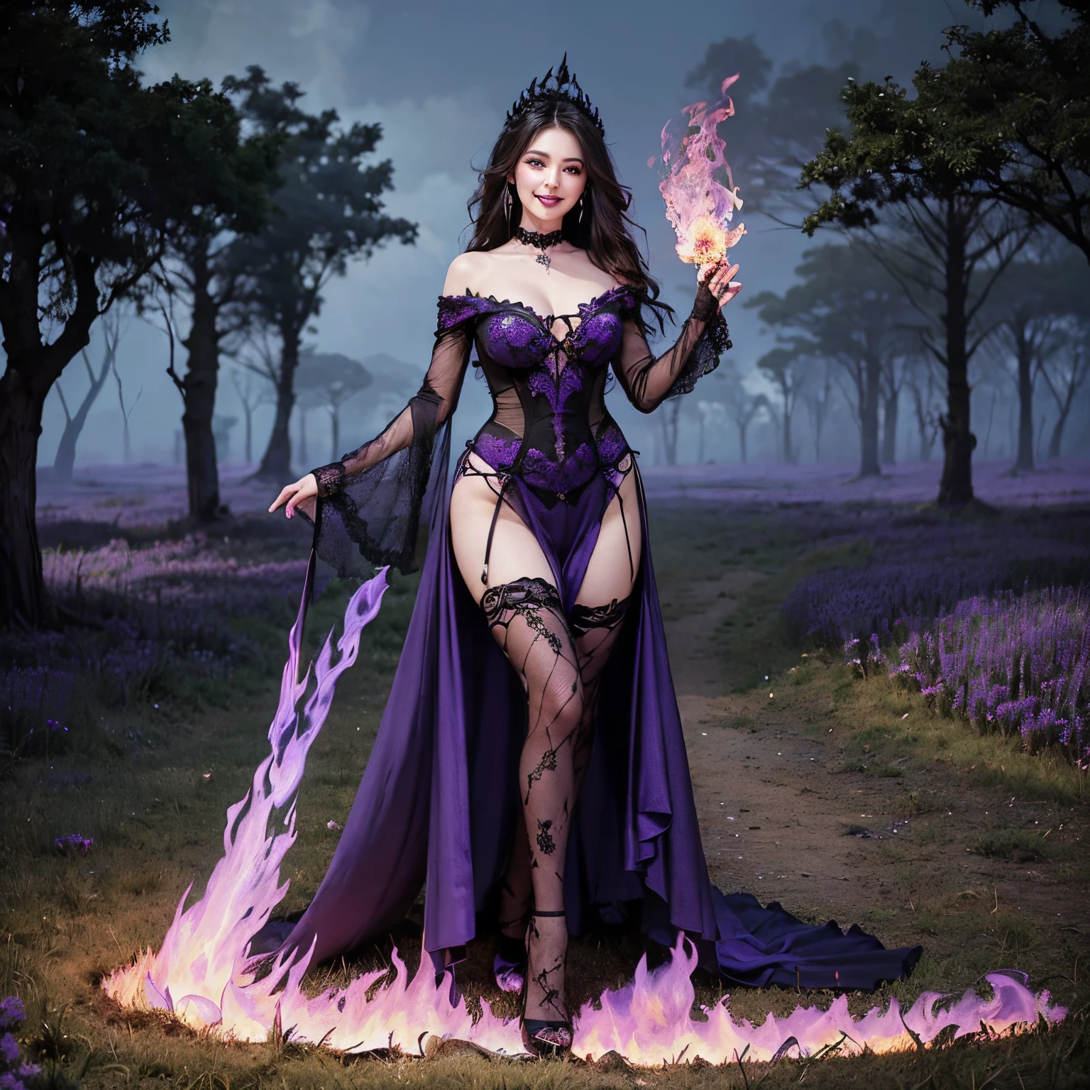 ((Best Quality, masutepiece, 超A high resolution、The most complex and detailed depictions)), ((One Beautiful Witch、perfect witch;Final form、evil dark wizard、Standing、Walking through the burnt fields、creepy and beautiful costumes、Evil makeup、Purple lips、eyeshadows、very intricate gothic dress、the most luxurious and intricate decorations、black and purple evil giant dress、The most gorgeous and evil giant dress、the most gorgeous purple and black princess dress、Purple Flame、huge purple flame、filled with purple flame、big purple flame、Giant Pillar of Fire、realistic purple flame、Purple Flame、huge purple flame、the most luxurious and intricate costumes、evil witch complete costume))、((Take a photo from your lap、Perfect gas chamber、Evil smile、The background is a burnt field、Grassland burning with huge purple flames、purple burning meadow、Grassland burning with huge purple flames、Grassland filled with huge purple flames))