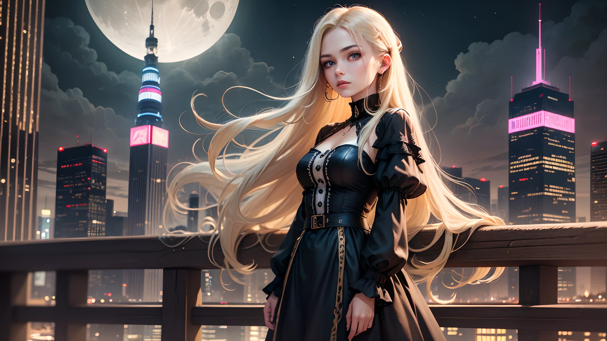 girl with long blonde hair, blue eye, standing in a top of a tower using a black social dress, city night background with the white moon and some clouds --auto --s2