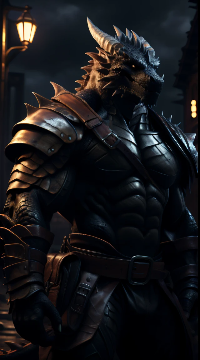 A dragon man, muscular, illustration, (best quality, 4k, highres, masterpiece:1.2), ultra-detailed, realistic, horror, sharp focus, vivid colors, nighttime lighting, abs, light armor, black body with scales, black eyes, in motion, belts with pouches and bag
