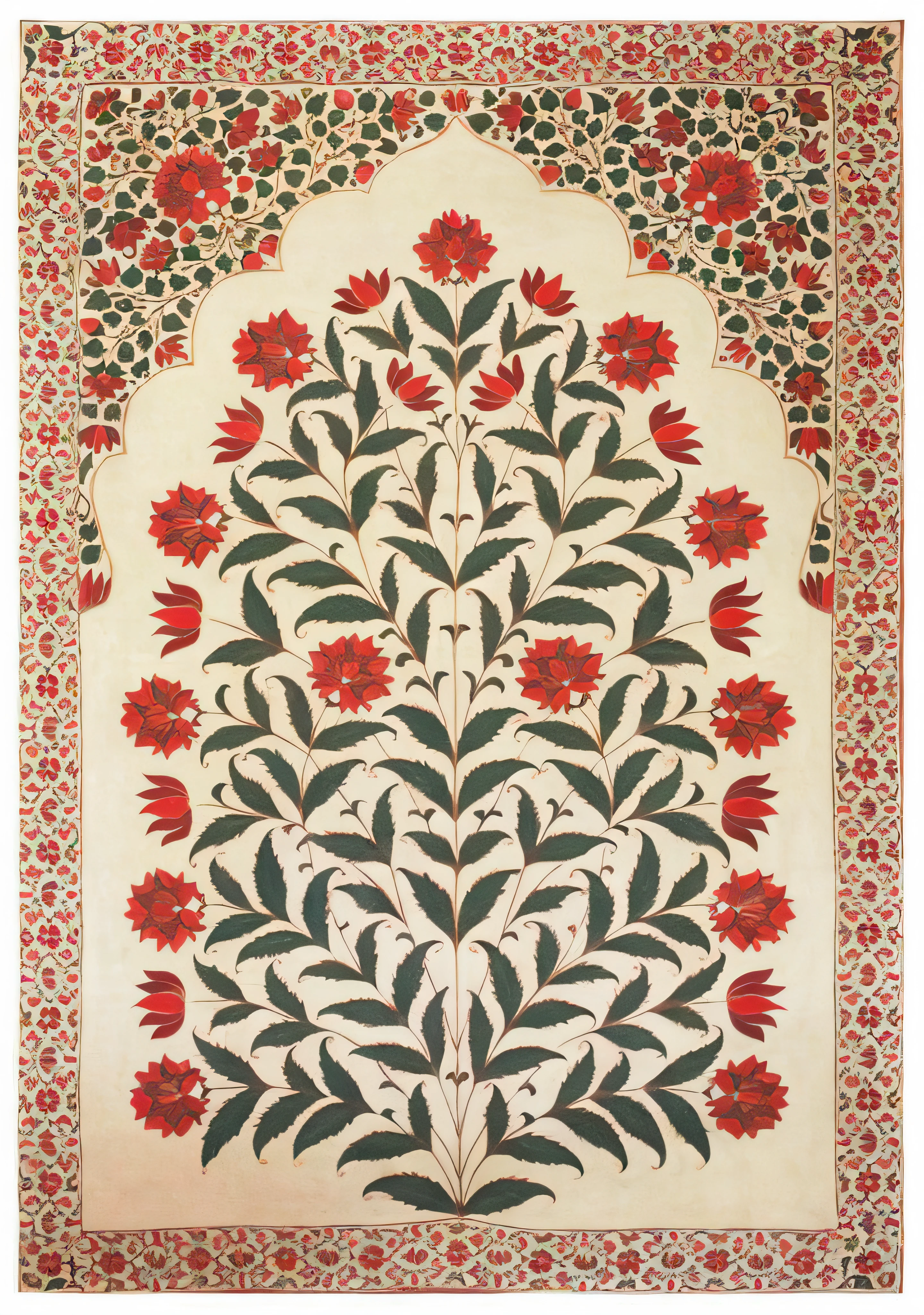 a large floral design on a white background with red flowers, traditional folk art style, persian design, kalighat flowers, flower motif, indian patterns, with kerala motifs, kerala motifs, elaborate floral ornament, traditional painting, folk art, victorian textiles, textile print, ornate floral, early 1 9 century, transylvanian folk art, qajar art