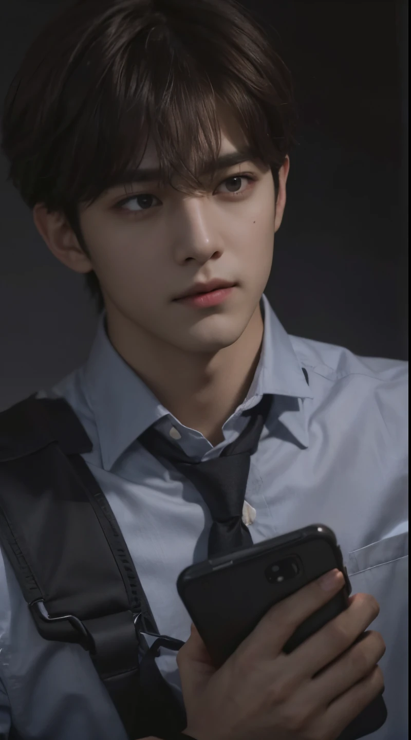 Adapt this male character in real life, realistic brown hair, exactly the same hairstyle, looking at a cellphone in the middle of realistic darkness, realistic handsome face like Kim Taehyung bts, Realistic sad expression, adapt Exactly the same clothes, realistic black sling bag, realistic light, realistic dark, realistic shadows, realistic background