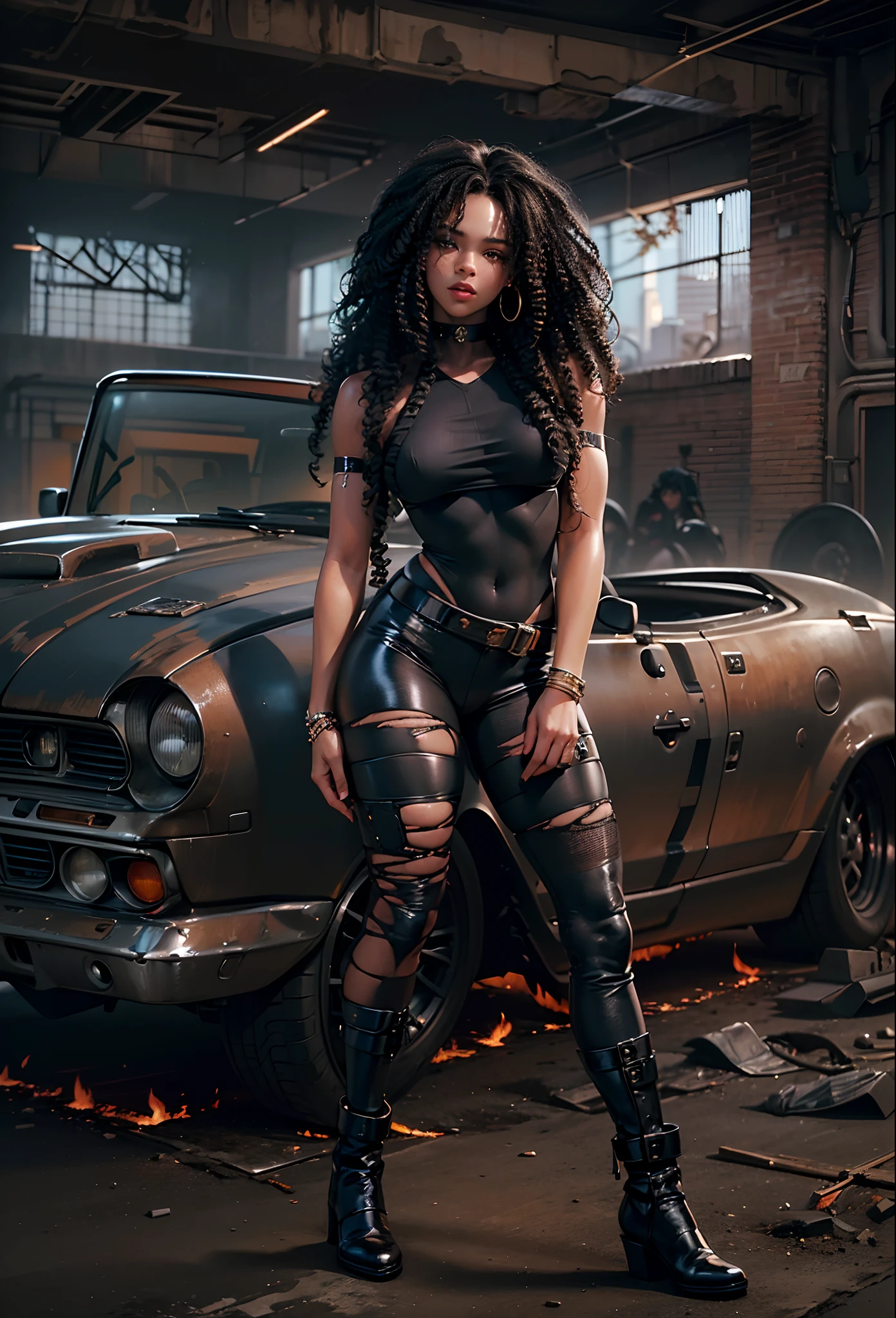 ((21-year-old))), black girl, (((light skin))), (((full body pose))), (((long curly black hair))), (((wearing tight ripped clothing))), (((seamless black, pantyhose))), (((submissive))), (((metal choker))), (((post apocalyptic scene, old cars, fire, death))), dark fantasy, Rich, Deep Colours, (intricate details:0.9), (HDR, hyper-detailing:1.2), (natural skin textures, hyper realisitc, glistening skin, soft light, Sharp),