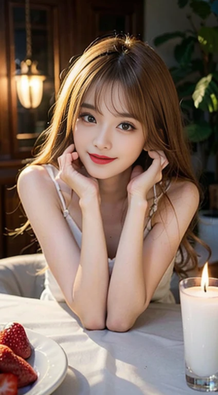 A 20-year-old with a cute, youthful face like an idol smile gently rather large bust In underwear Living room at night Drinking wine good atmosphere at night very dark lighting Raw photo genuine real High definition Do not display copyright