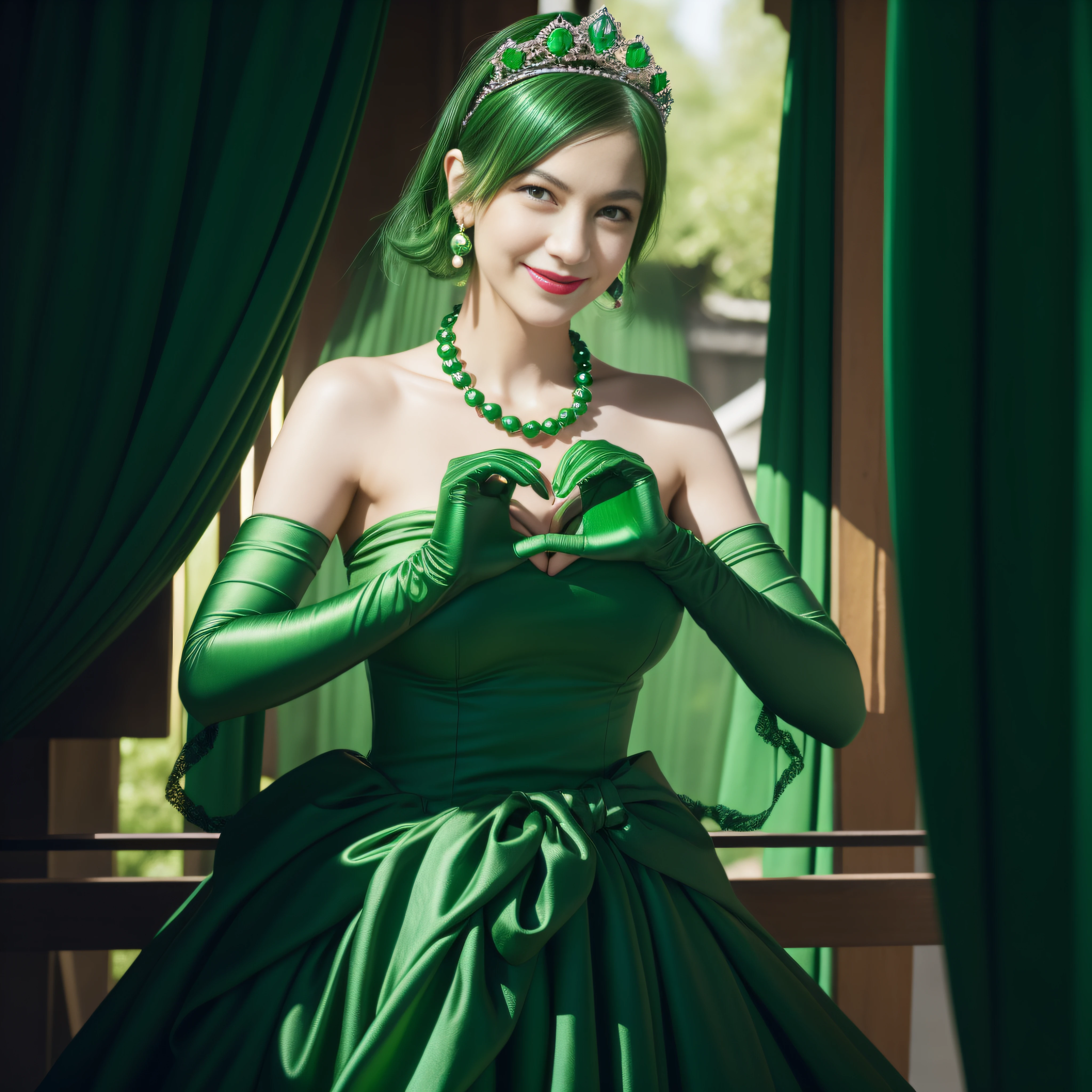 emerald tiara, Green Pearl Necklace, Boyish very short black hair, lipsticks, Japan woman smiling, very short short hair, big breasts beautiful, Green eyes, Long green gloves made of satin material, Green eyes, Emerald Earrings, green vale, Heart with both hands