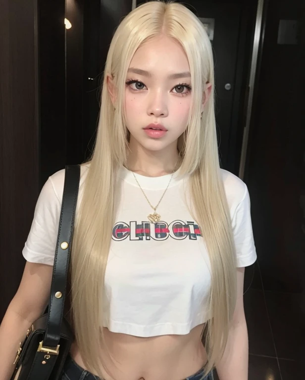 mulher loira com cabelos longos, vestindo uma camisa branca e uma bolsa preta, jennie blackpink, her hair is white, very very pale blond hair, branco hime corte penteado, jossi do blackpink, Parque Roseanne do Blackpink, com cabelos longos, extremely pale blond hair, menina coreana, com cabelos longos brancos, O corte Hime, Retrato de Jossi de Blackpink, cabelos lisos brancos