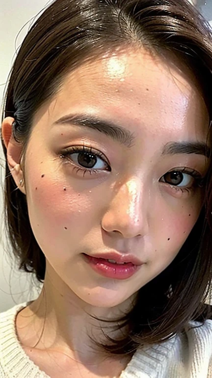 (Top Quality, 8k, 32k, Masterpiece: 1.3), Cute Japan Woman Photos, Black Shortcuts, Beauty Face, (Slouch: 1.3), (Close-Up: 1.4), POV, White sweater, Bedroom, Glossy Skin, Face only