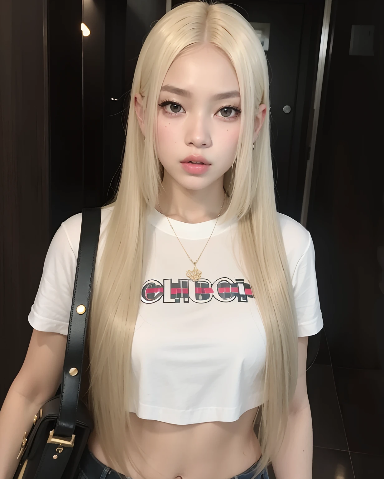 mulher loira com cabelos longos, vestindo uma camisa branca e uma bolsa preta, jennie blackpink, her hair is white, very very pale blond hair, branco hime corte penteado, jossi do blackpink, Parque Roseanne do Blackpink, com cabelos longos, extremely pale blond hair, menina coreana, com cabelos longos brancos, O corte Hime, Retrato de Jossi de Blackpink, cabelos lisos brancos