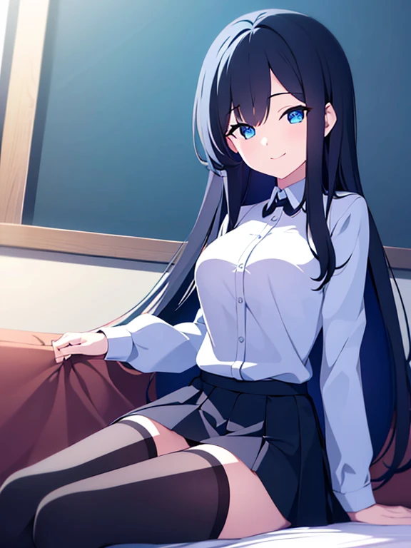 masterpiece, high quality, 1girl, blue eyes, medium breasts, black hair, long hair, best quality, shirt, skirt, tights, sitting on bed, smiling,
