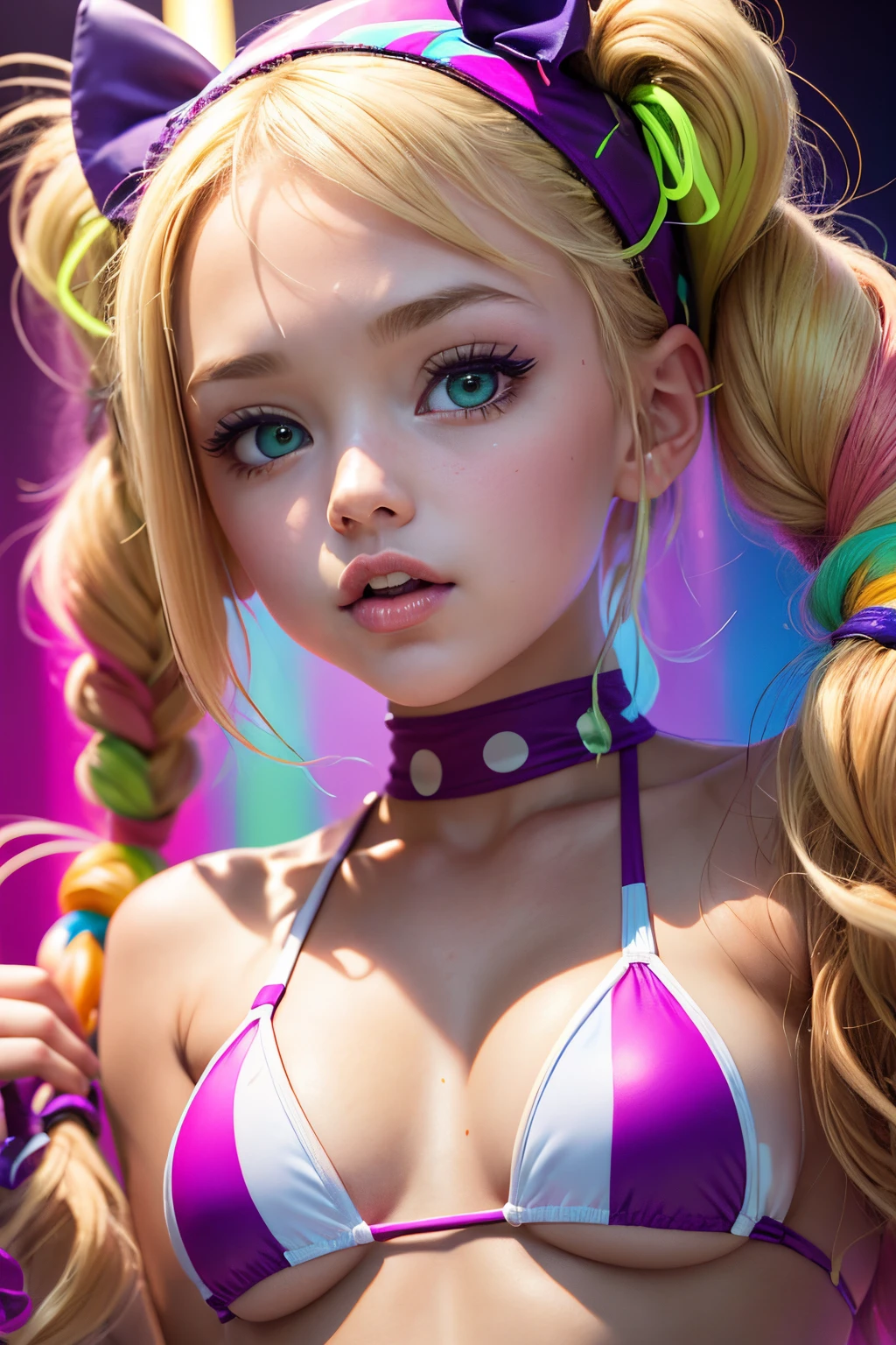 blond woman in a bikini with braids and a choke, wearing pearl neon bikini, colorful pigtail, blond hair with pigtails, y 2 k cutecore clowncore, blonde goddess, electronic bikini, rave inspired, bold rave outfit, decora inspired, cute rave outfit, divine ray over her head, rave outfit, cute bikini, lone petite female goddess