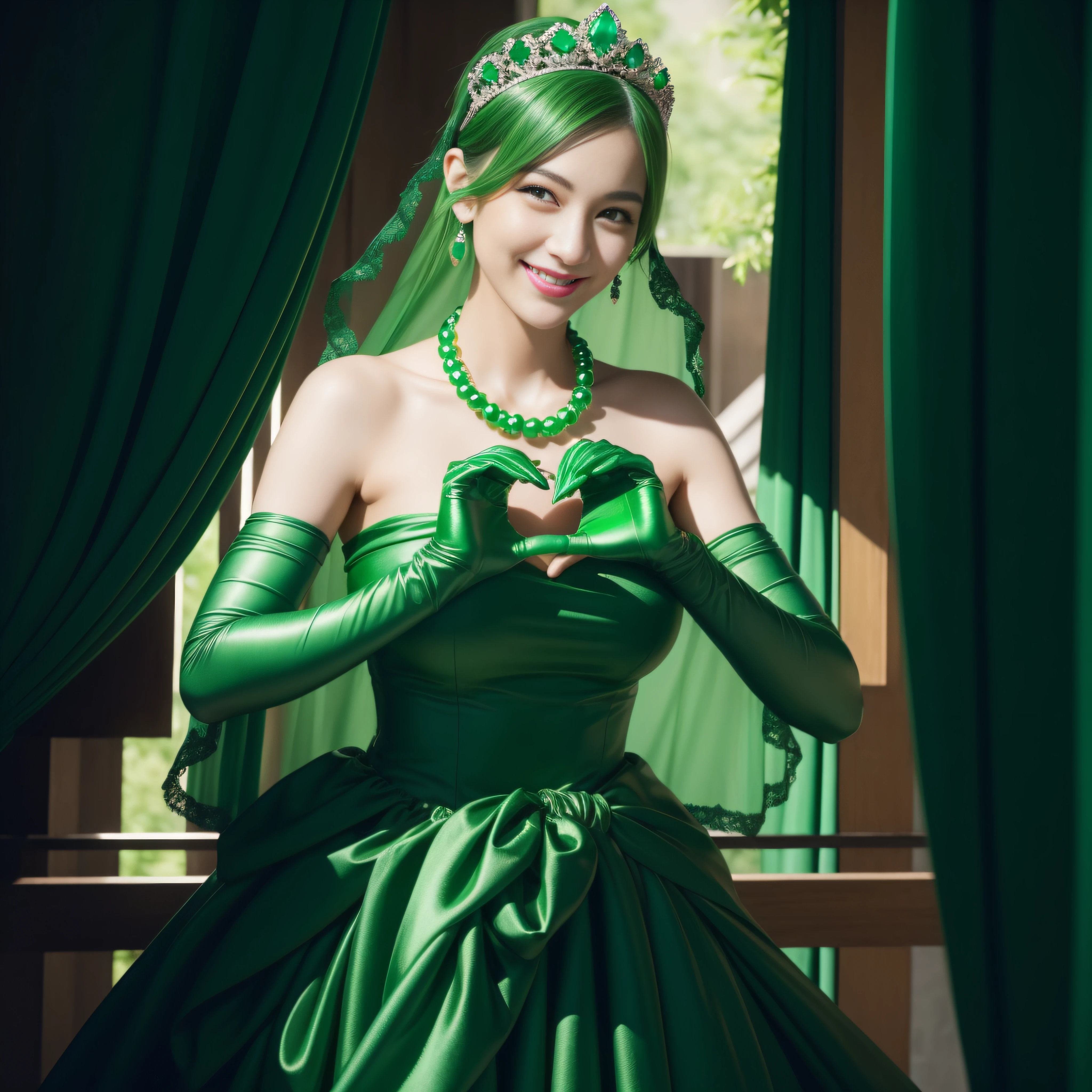 emerald tiara, Green Pearl Necklace, Boyish very short black hair, lipsticks, Japan woman smiling, very short short hair, big breasts beautiful, Green eyes, Long green gloves made of satin material, Green eyes, Emerald Earrings, green vale, Heart with both hands