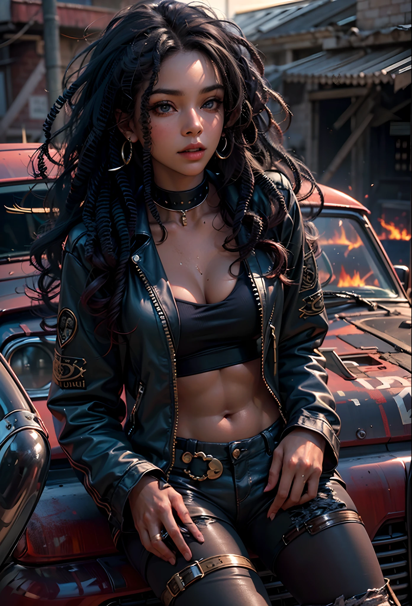 ((21-year-old))), black girl, (((light skin))), (((full body pose))),  (((long curly black hair))), (((wearing tight ripped clothing))), (((seamless black, pantyhose))), (((submissive))), (((metal choker))), (((post apocalyptic scene, old cars, fire, death))), dark fantasy, Rich, Deep Colours, (intricate details:0.9), (HDR, hyper-detailing:1.2), (natural skin textures, hyper realisitc, glistening skin, soft light, Sharp),