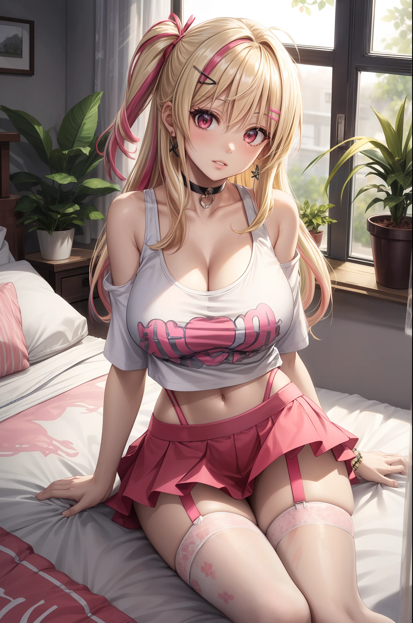 1girl, solo, blonde hair, scene hair, hair clips, pink streaks, streaky hair, long hair, off shoulder shirt, indoors, messy bedroom, cute decor, window, plants, jirai kei, print t shirt, microskirt, garter belt, earrings, thick lips, pink eyes, layered hair, huge breasts, cleavage, midriff, thick thighs, (anime:1.2), blunt bang, eye makeup, choker, tank top, hair ribbon, sitting, head tilt