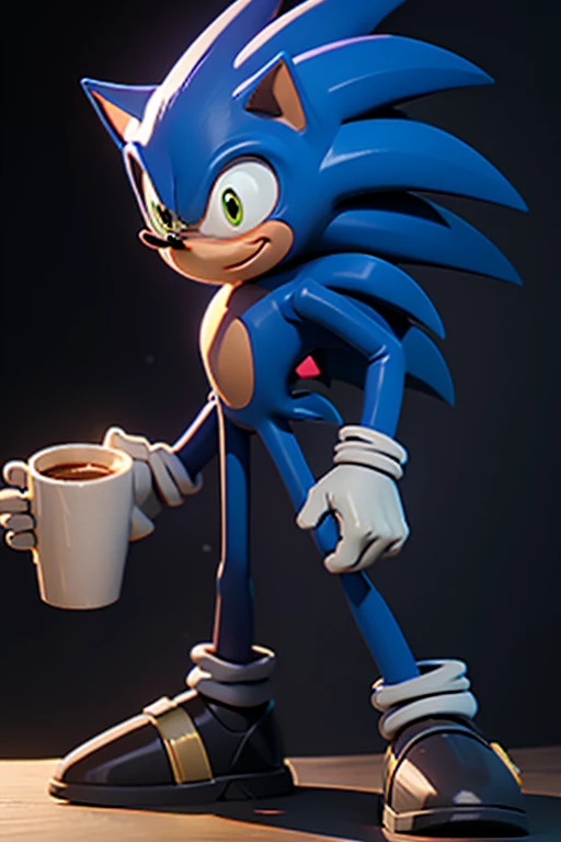 (((ida cintura pra cima))),  Sonic the hedgehog posando para si mesmo, arm stretched out to freight as if holding a cup of coffee, Comic scene, Front view, Olhos verdes detalhados, da cintura para cima