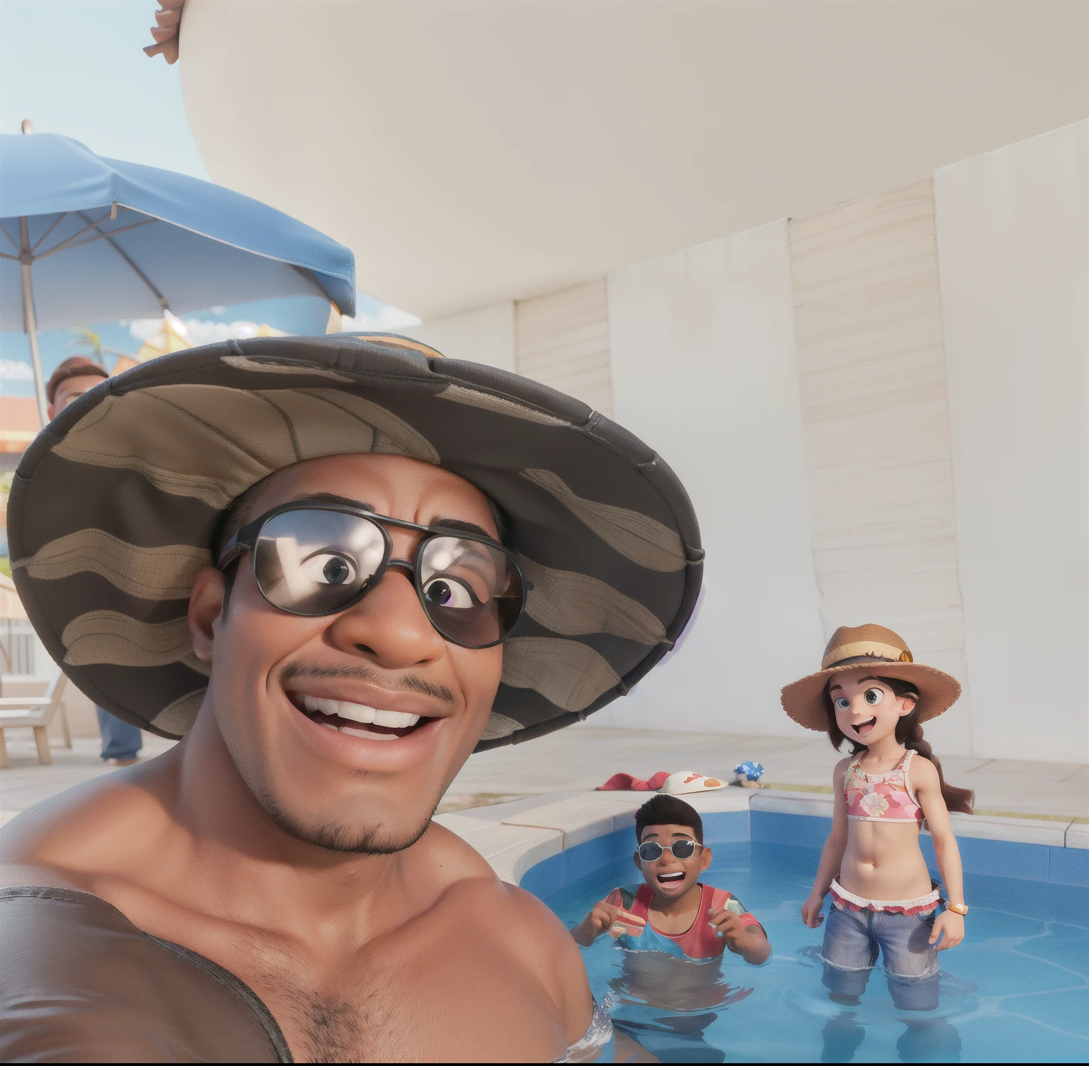 Strong black man in sunglasses with an 8  daughter in a hat and his 12 year on. They are in a pool cheerful characters in Disney Pixar style