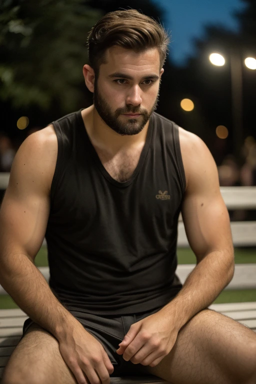 ((1 guy)) dark hairy guy wearing a black tank top manly and black shorts (sitting on a bench on a city street at night), very detailed, 18 years old, natural wave hair, brown eyes, short facial hair, hairy body, high-res, masterpiece, best quality, intricate details, highly detailed, sharp focus, detailed skin, realistic skin texture, texture, detailed eyes, professional, 4k, shot on Canon, 85mm,shallow depth of field, Kodak vision color, perfect fit body, extremely detailed, photo_\(ultra\), photorealistic, realistic, post-processing, max detail, roughness, real life, ultra realistic, photorealism, photography, 8k uhd, photography (film grain) medium shot atmospheric dark lighting