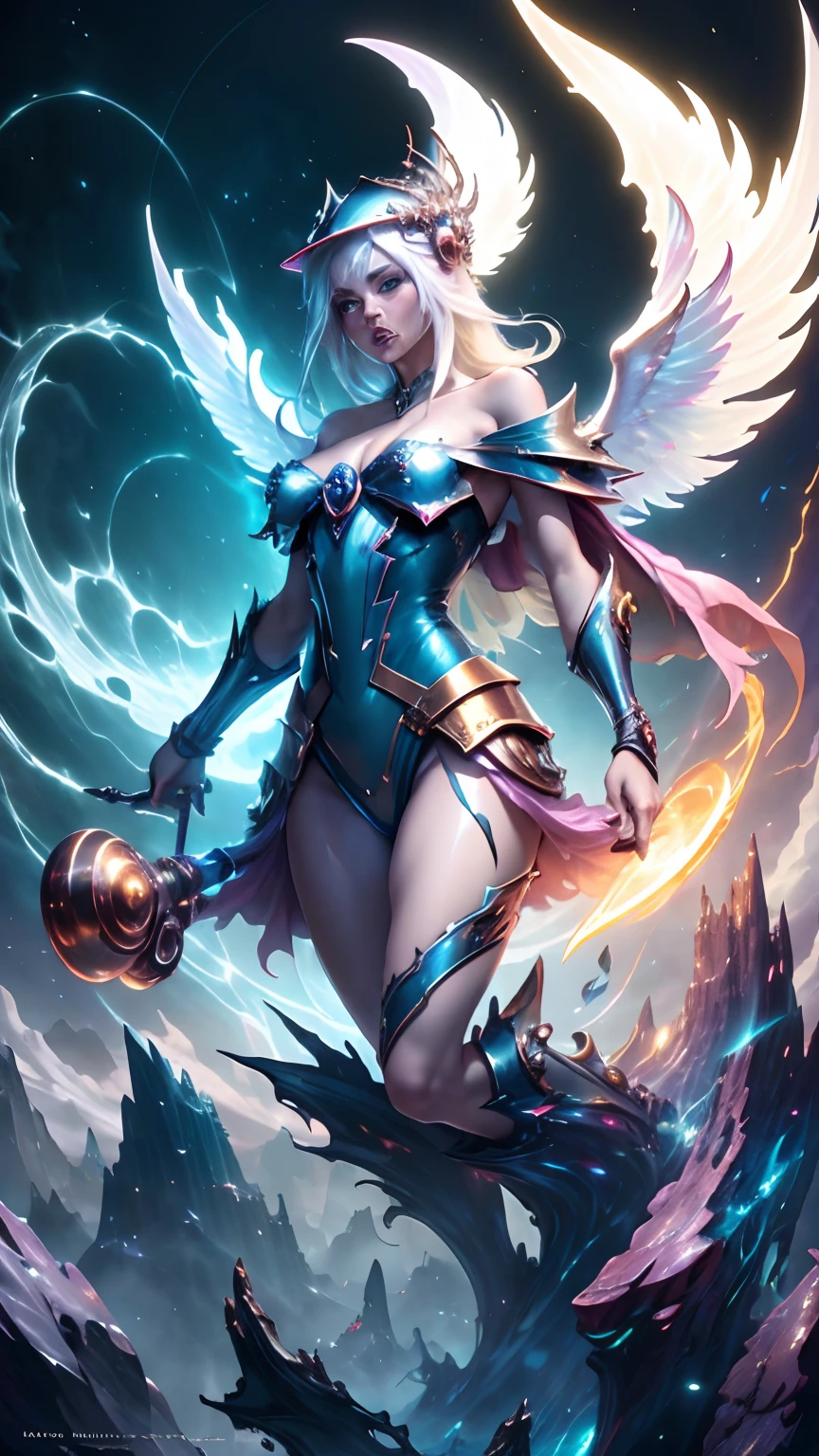 Kinematic,The photorealistic dark wizard gils as an albino angel,colores vibrantes,fantasy,warm hue,surrealista,Photorealistic masterpiece with 8k resolution by Aaron Horkey and Jeremy Mann,Professional Photography,Volumetric Lighting Maximalist Photoillustration by Marton Bobzert,Intricately detailed 8K resolution concept art,complejo,elegante,expansivo,fantastical,Mythical Clouds