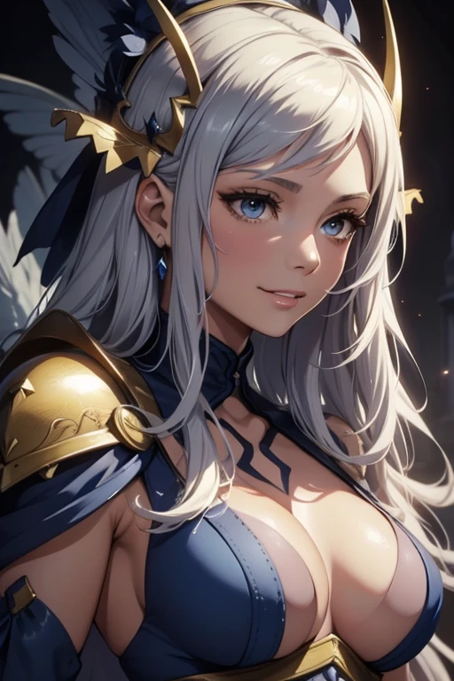 a close up of a woman in a blue dress with a feathered headpiece, detailed fantasy art, epic exquisite character art, 2. 5 d cgi anime fantasy artwork, stunning character art, 4k fantasy art, pale blue armor, highly detailed fantasy art, detailed fantasy digital art, clothed in ethereal armor, fantasy art style, beautiful armor, beautiful fantasy art, muscular athletic body, large smile