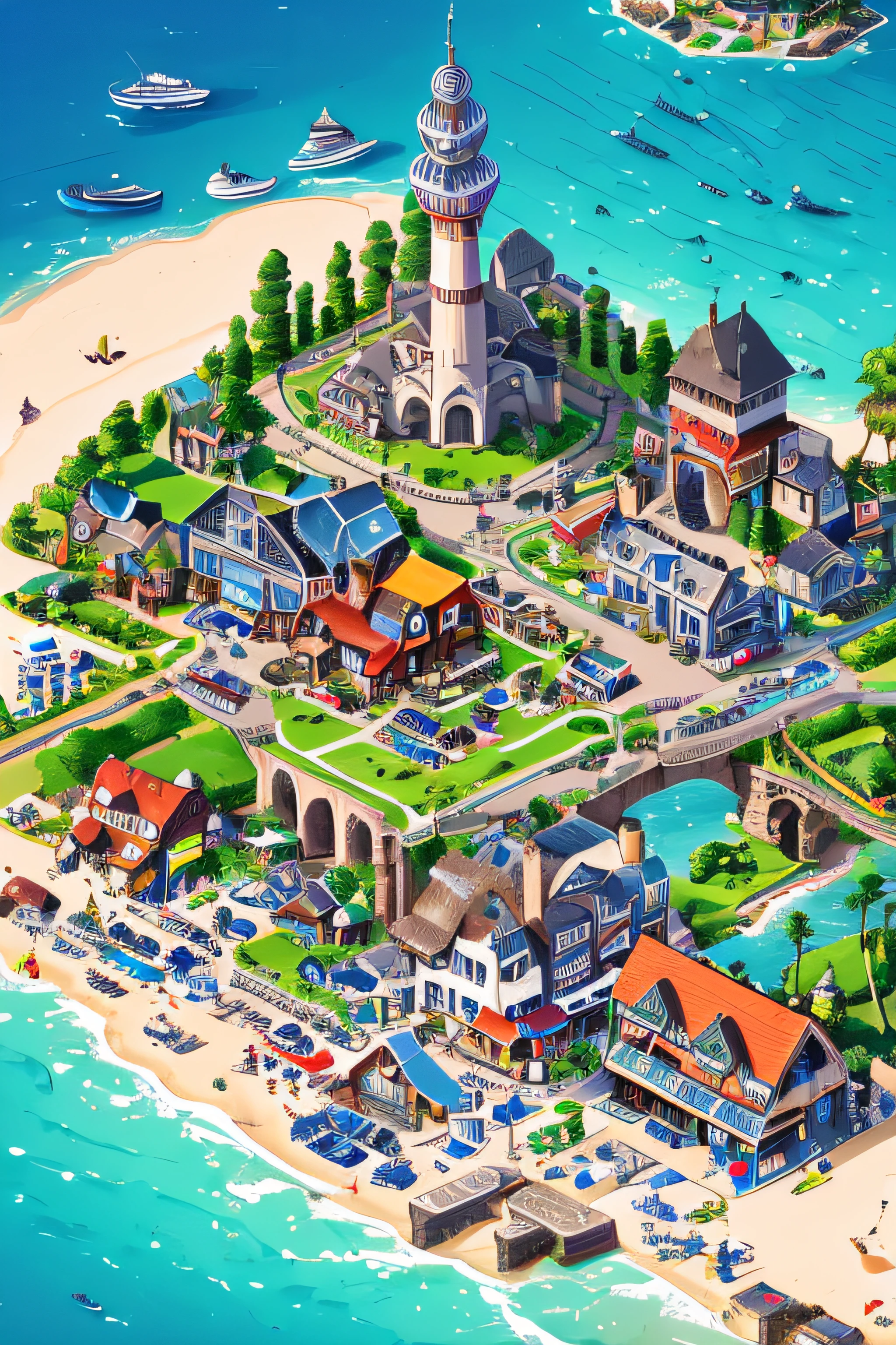 isometric wide angle view of a complete seaside village with various types of buildings, hills, roads, railway crossings, cars, farms and people walking in vector for a video game no text or titles pinstripe thomas brush