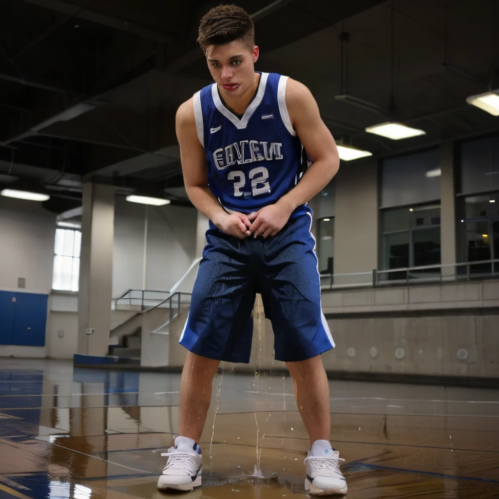 pants,blue basketball shorts,wet patch