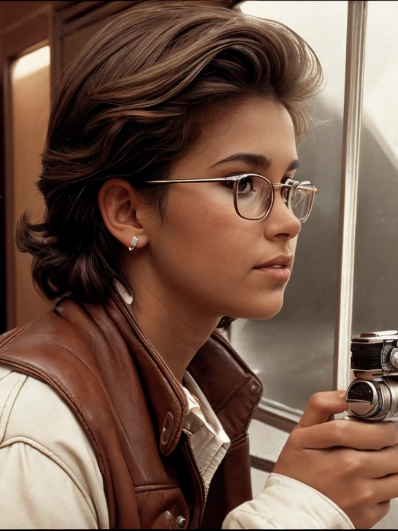 Realistic 80s Style Monochrome Amateur Photography Using Full-Length Film Mechanical DSLR Camera; Cute Russian brown-eyed girl 38 years old., round face, Large shiny realistic dark brown eyes, eyeglasses(There are lenses in the glasses, Realistic glare of light on the glass), small snub-nose, Parted sensual plump lips, plump cheeks, Round chin, suntanned skin, Brown tousled hair, slightly wavy, Average length, fluttering in the wind (Rebellious 80s rocker hairstyle), Very small stature, extremely small breasts, long brown leather coat, loose white silk shirt with top button undone, black jeans, Soldier's Belt, Chunky rocking boots, Fingerless leather gloves; full - body, including legs, Selfie with a Soviet film camera in natural light from a distance of several meters in a public toilet; Realistic texture of human skin (pores, Mimic folds, wrinkles), Monochrome image