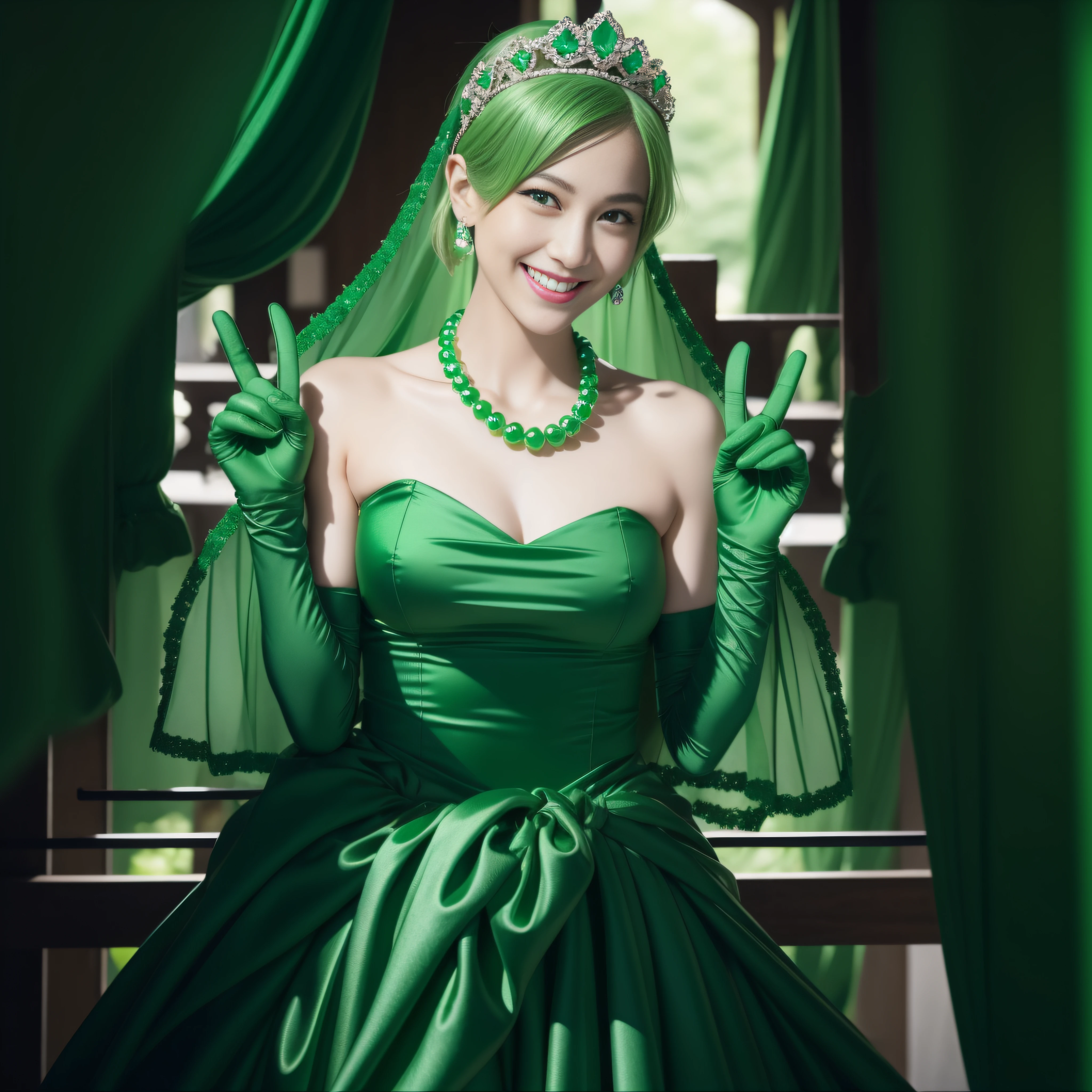 emerald tiara, Green Pearl Necklace, Boyish very short green hair, lipsticks, Japan woman smiling, very short short hair,  big breasts beautiful, Green eyes, Long green gloves made of satin material, Green eyes, Emerald Earrings, green vale, v sign