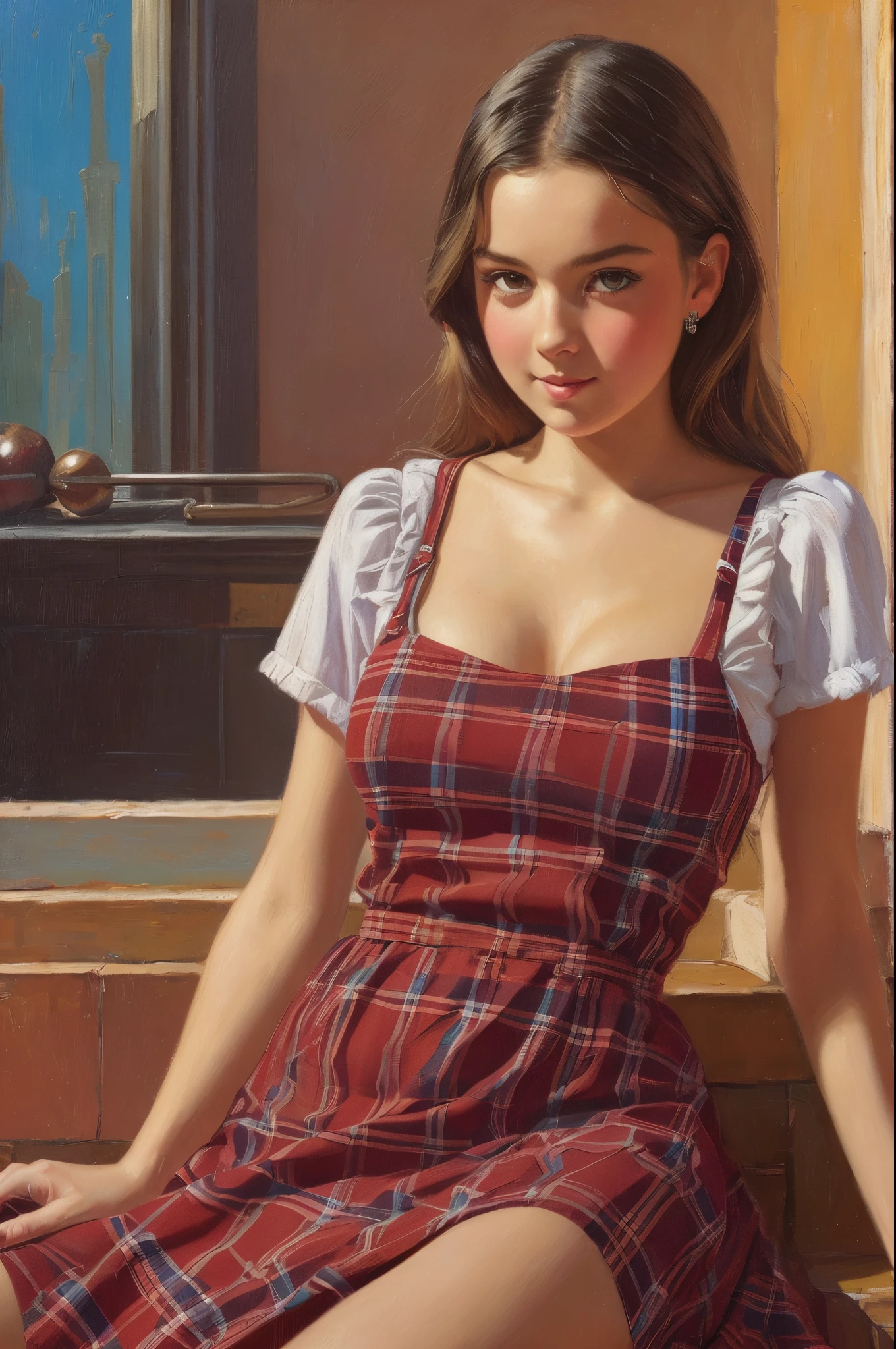 cheeky girl in a plaid dress (in the style of Tom Lovell), fresh oil palette canvas/acrylic, intricate, extreme detail, complex key, ((single shot)), ((best quality)), ((masterpiece)), ((realistic)), 8k