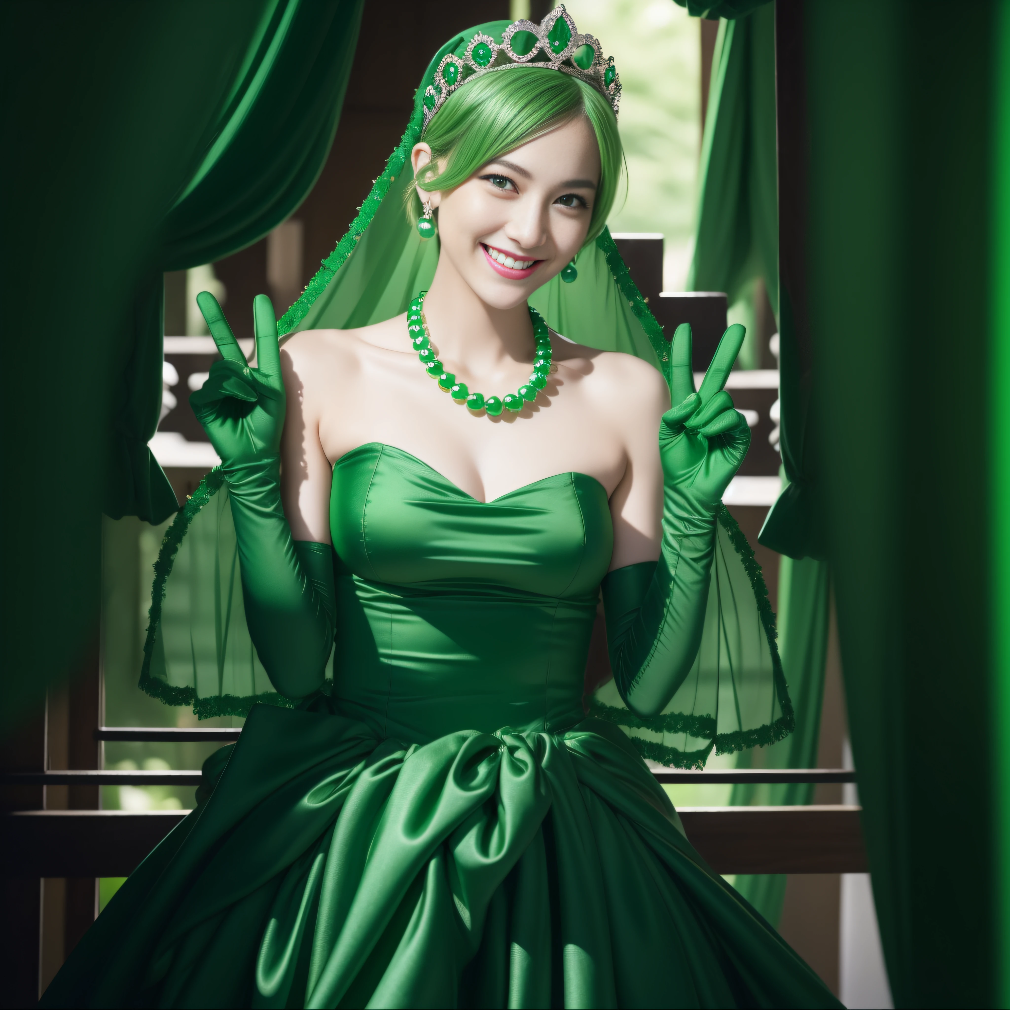 Emerald tiara, Green Pearl Necklace, Boyish very short green hair, Green Lips, Smiling Japanese woman, Very short hair, Busty beautiful lady, Green Eyes, Green satin long gloves, Green Eyes, Emerald Earrings, Green veil, Heart with both hands, Green Hair, Beautiful Japanese Woman, Heart shaped hands:1.3, green lip gloss