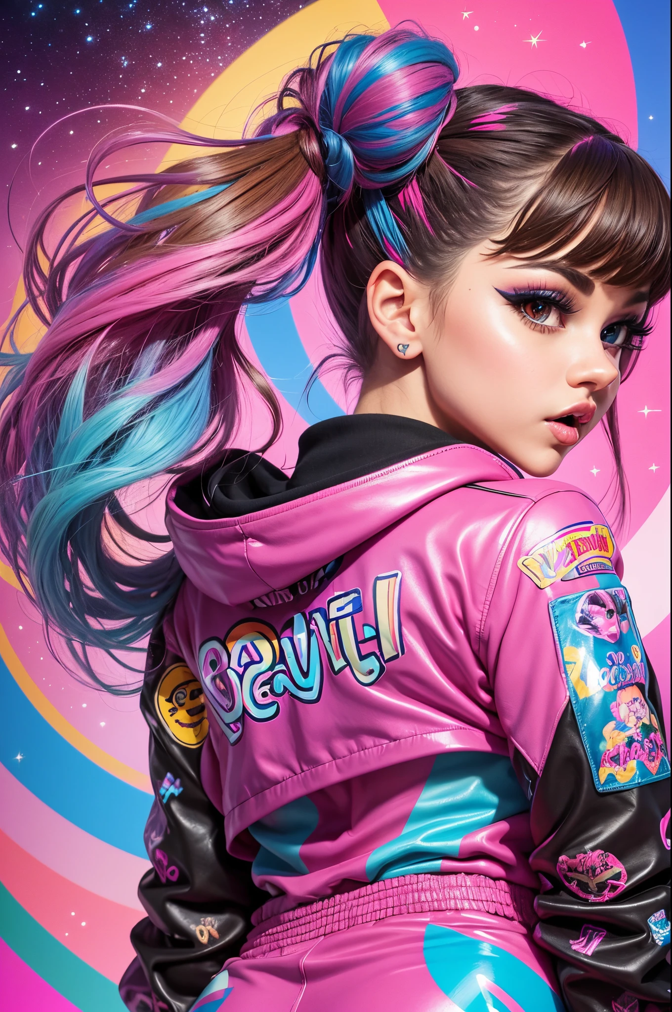 (Selena Gomez), woman with pink and blue makeup and a pink and blue jacket, brown girl in a cosmic dress, cartoon look, ava max, large eyes, lisa frank style, long brown hair and large eyes, ahegao face, alexa grace, wearing atompunk jumpsuit, inspired by Lisa Frank. Back view, captured from behind, G-string