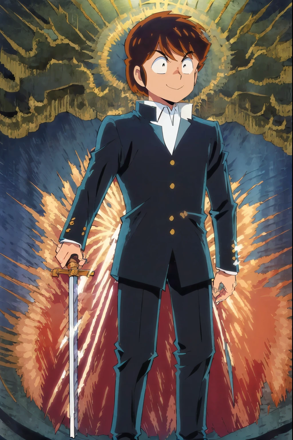 AtaruMoroboshi,1boy, gakuran,collared shirt,, full body, smile, sword, armor,#armor #clothing medieval armor