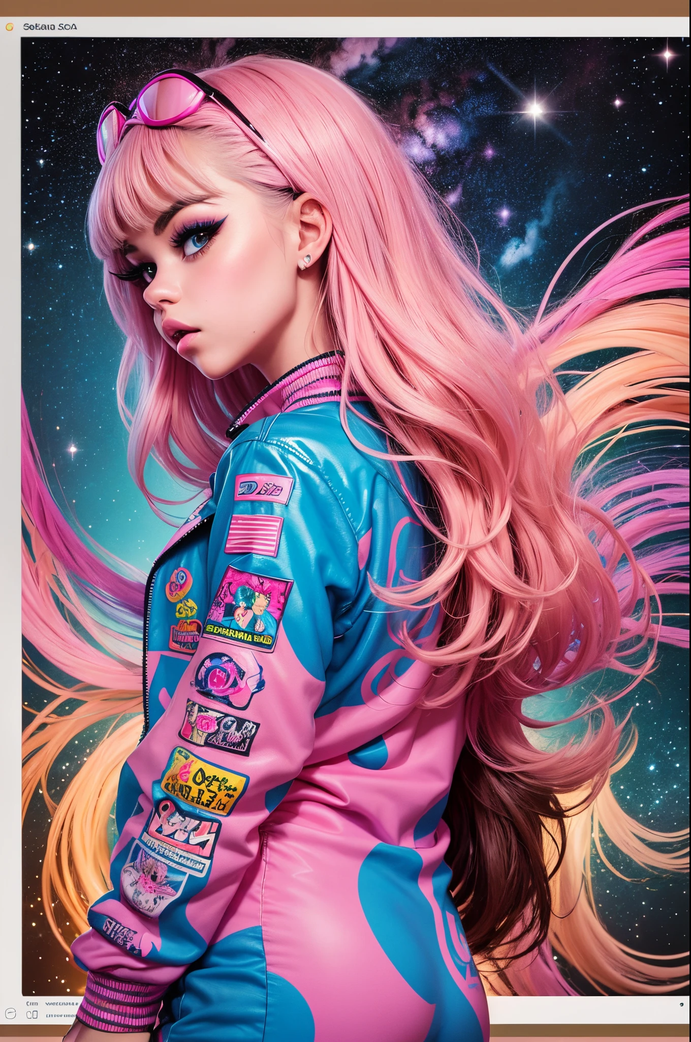 (Jessica Alba), 2girls, 2woman, 2 friends, with pink and blue makeup and a pink and blue jacket, brown girl in a cosmic dress, cartoon look, ava max, large eyes, lisa frank style, long brown hair and large eyes, ahegao face, alexa grace, wearing atompunk jumpsuit, inspired by Lisa Frank, perfect ass wearing a colorful G-String, nice underwear Back view, captured from behind, G-string, see booty