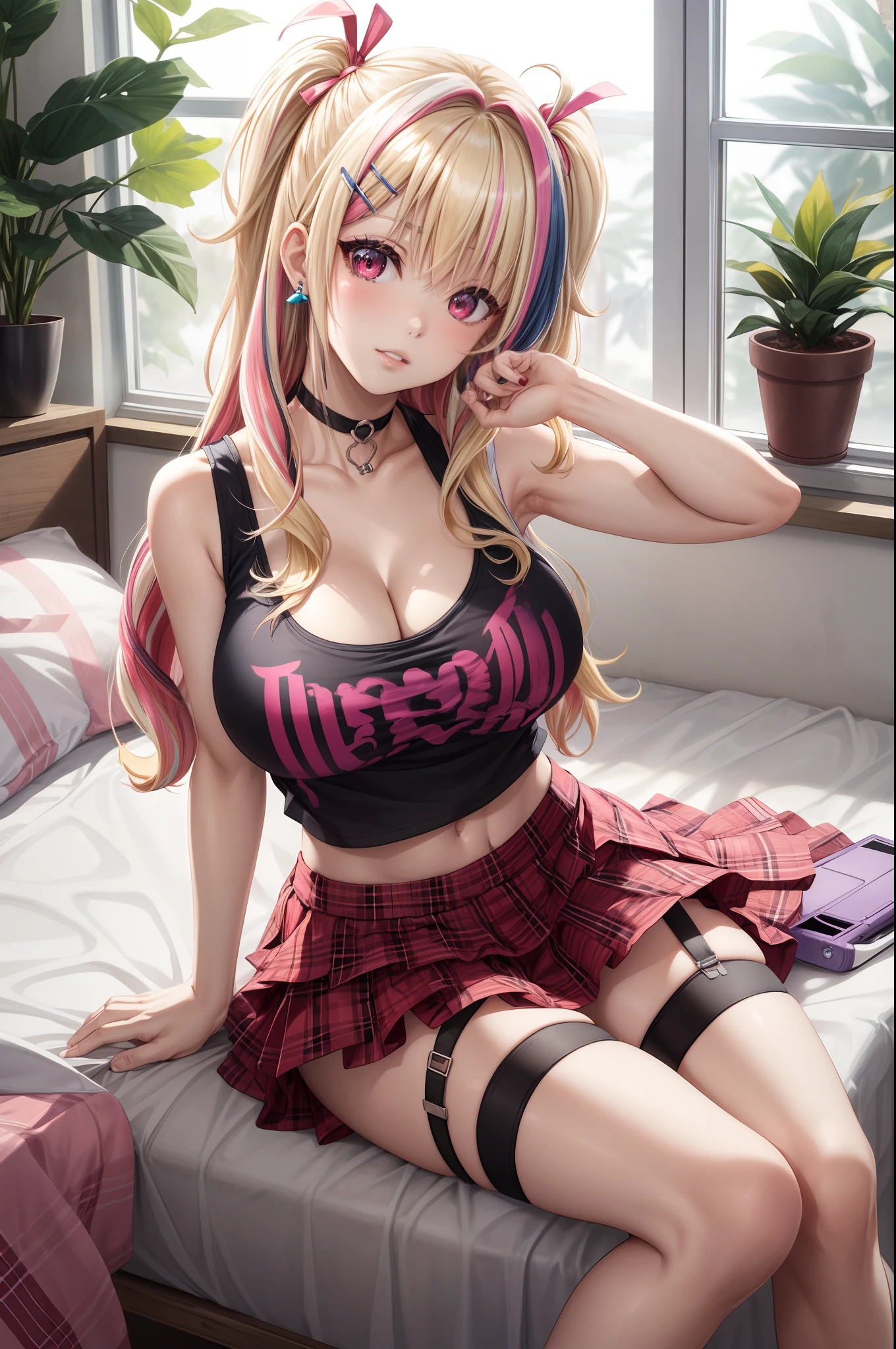 1girl, solo, blonde hair, scene hair, hair clips, pink streaks, streaky hair, long hair, indoors, messy bedroom, cute decor, window, plants, jirai kei, print t shirt, microskirt, garter belt, earrings, thick lips, pink eyes, layered hair, huge breasts, cleavage, midriff, thick thighs, (anime:1.2), blunt bang, eye makeup, choker, tank top, hair ribbon, sitting, head tilt, plaid skirt