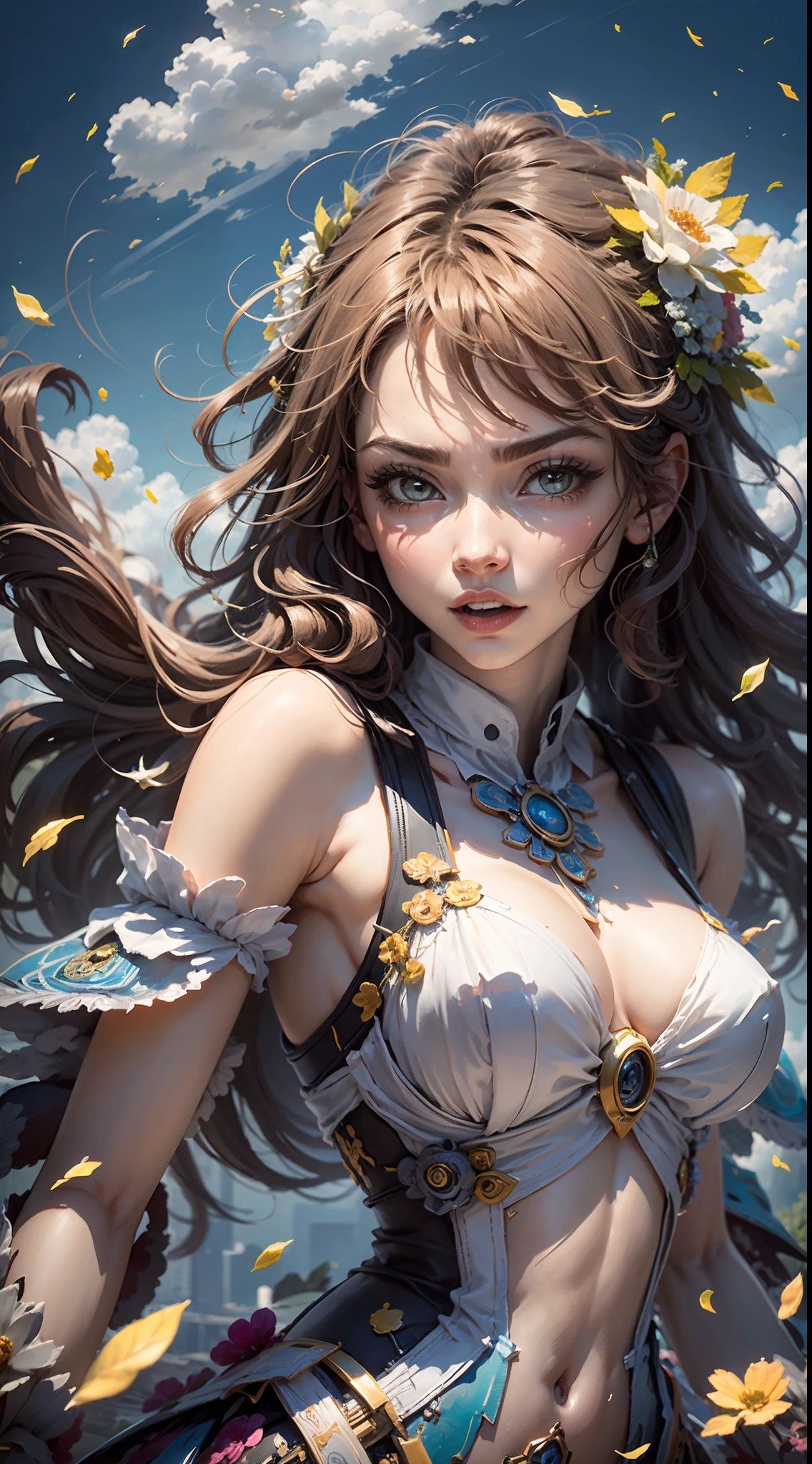 (((White Cloud Background))), (((High Saturation))), ((Surrounded by Color Splashes)))) Ultra Detailed, Beautiful and Aesthetic, Masterpiece, Best Quality, (Zentangle, Mandala, Tangled, Entangle), (Fractal Art: 1.3), 1girl, Very Detailed, Dynamic Angle, Cowboyshot, Most Beautiful Forms Chaotic, Elegant, Fauvist Design, Bright Colors, Romanticism, Michal Mraz, Adrian Ghenny, Petra Courtwright, atmospheric, ecstatic notes, flow notes visible