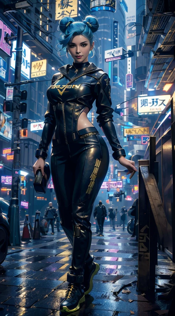 Masterpiece, Maximum Quality, extra high resolution, 8K, A girl,beautiody,21 old years,light skin, extremely beautiful, ((Wheat-colored leather)), Odin,bust portrait,Cyberpunk outfit, extremely detailed face, 詳細な目, mischievous smile, cheerful, foto realista, Absolutely realistic, Human pellet, studio lightning,golden ratio body, wide hips,perfect foots, big ass,Blue hair, Double buns,Grey clothes,D cup breasts,In Cyberpunk City,cyberpunk city background,((night time)),Sateen,Walking
