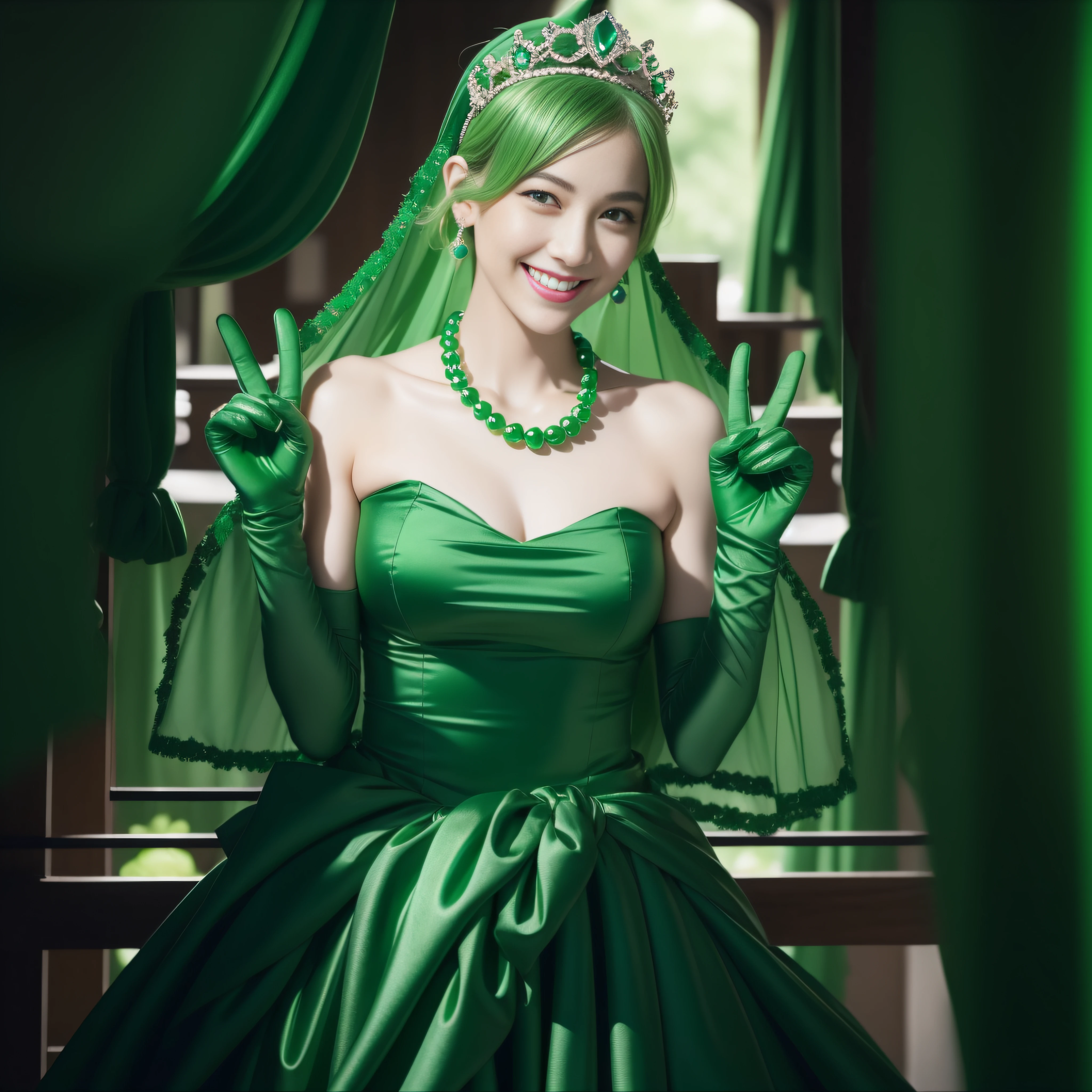 emerald tiara, Green Pearl Necklace, Boyish very short green hair, lipsticks, Japan woman smiling, very short short hair, big breasts beautiful, Green eyes, Long green gloves made of satin material, Green eyes, Emerald Earrings, green vale, v sign
