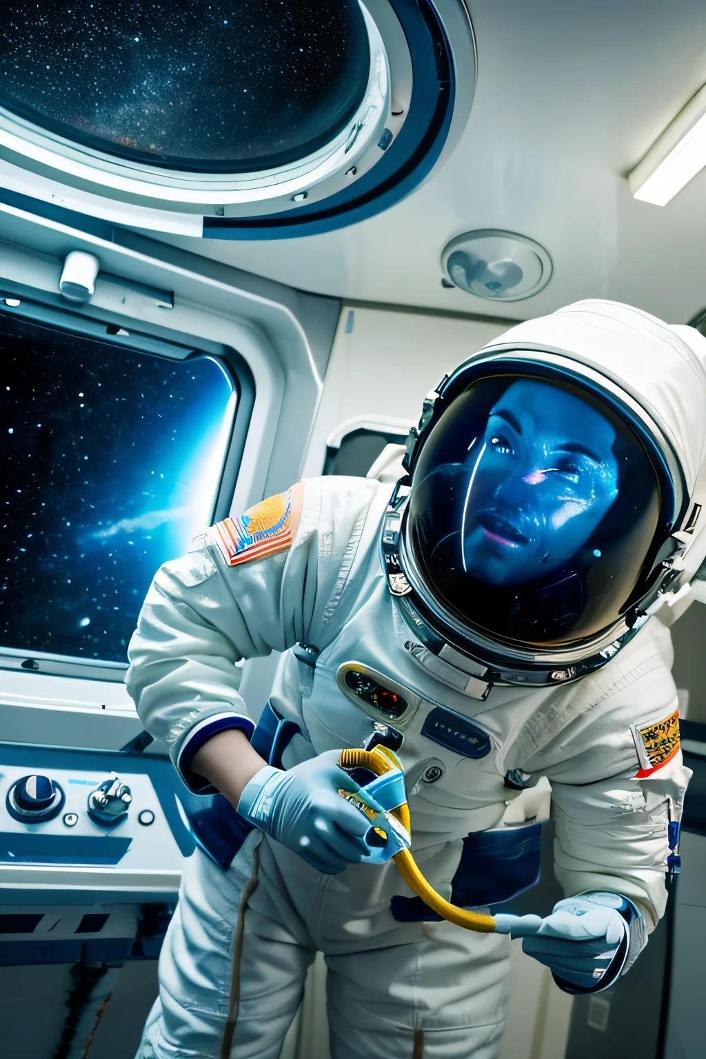 Imagine an astronaut in space, inspecting hygiene practices, with a spacesuit equipped for cleanliness checks, ensuring cosmic hygiene standards are maintained.